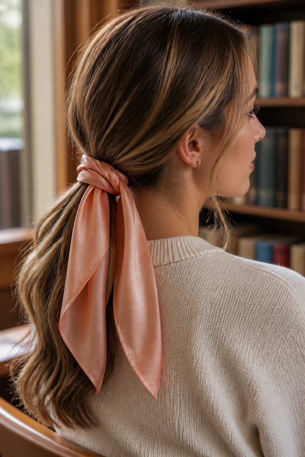 Portrait of real woman with silk scarf tied at base of ponytail