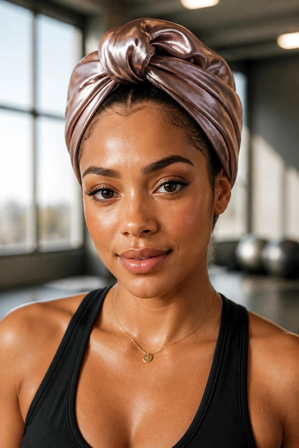 Portrait of person wearing silk scarf turban to protect curls during sweaty workout