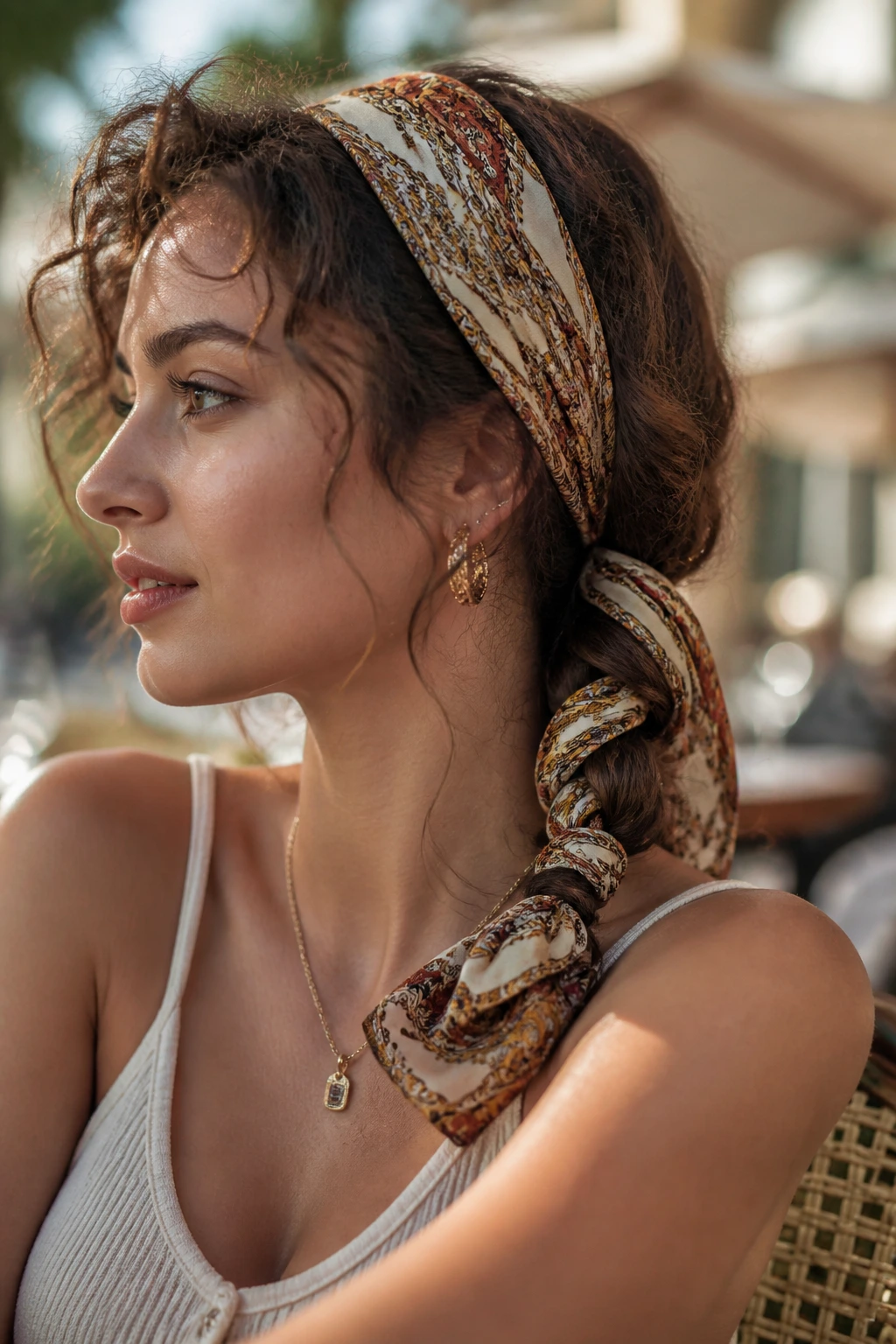 Portrait of a woman with a silk scarf woven into a braid at the nape