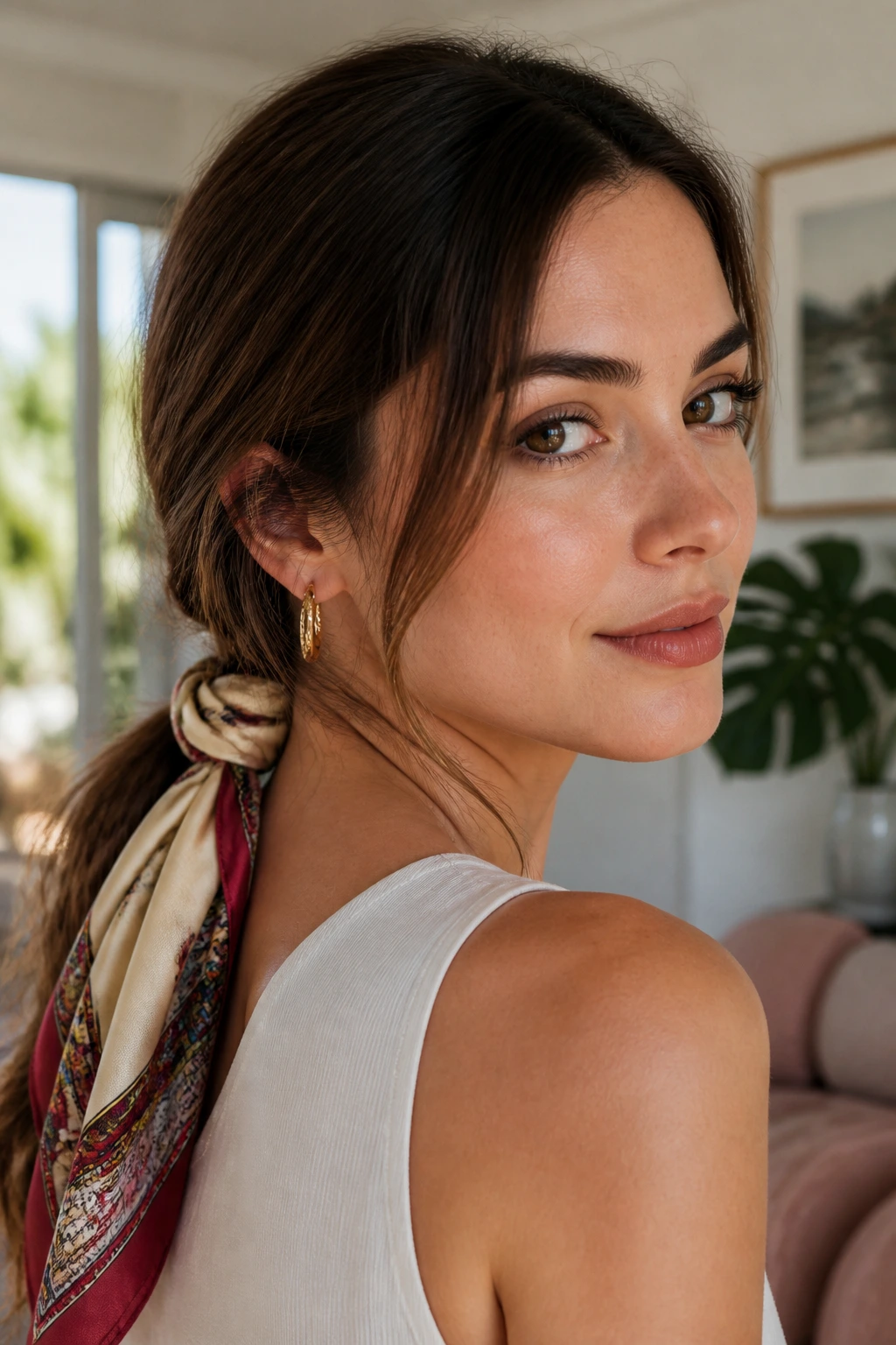 Close-up of a real woman with a silk scarf wrap in a low ponytail