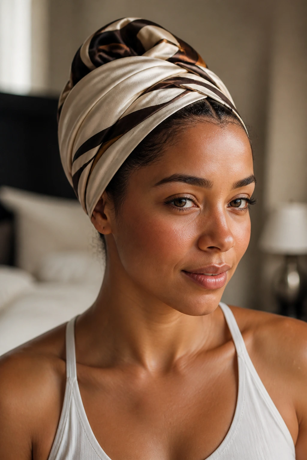 Close-up portrait of a real woman with a silk scarf wrap protecting styled hair during workouts