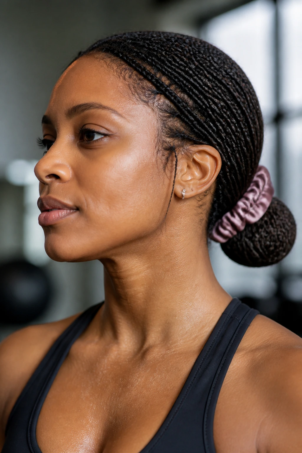 Close-up of a real woman with a sleek low bun secured by a silk scrunchie during a workout