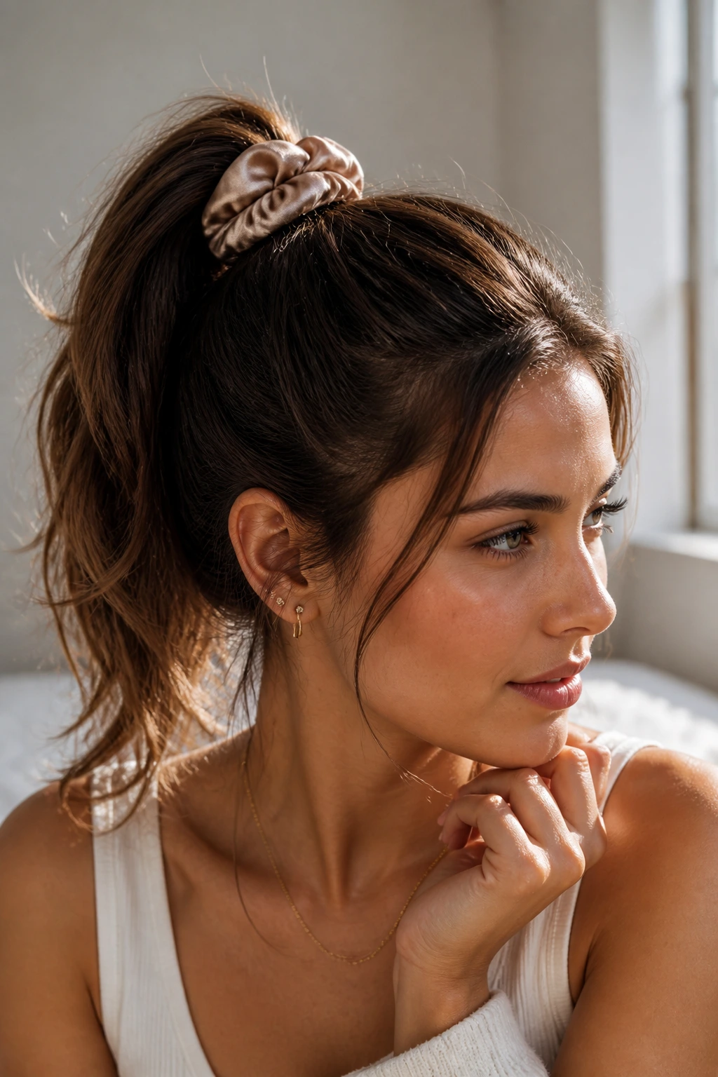 Woman with high ponytail secured by a silk scrunchie showing gentle volume