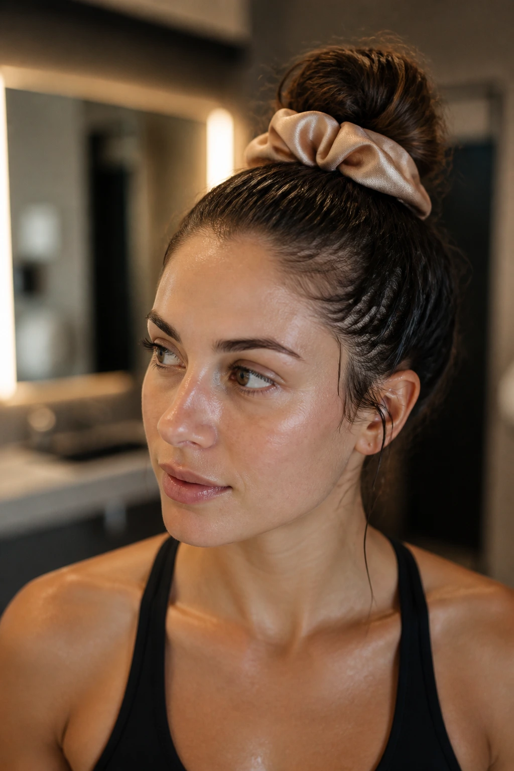Real woman with high topknot wrapped in silk scrunchie in gym