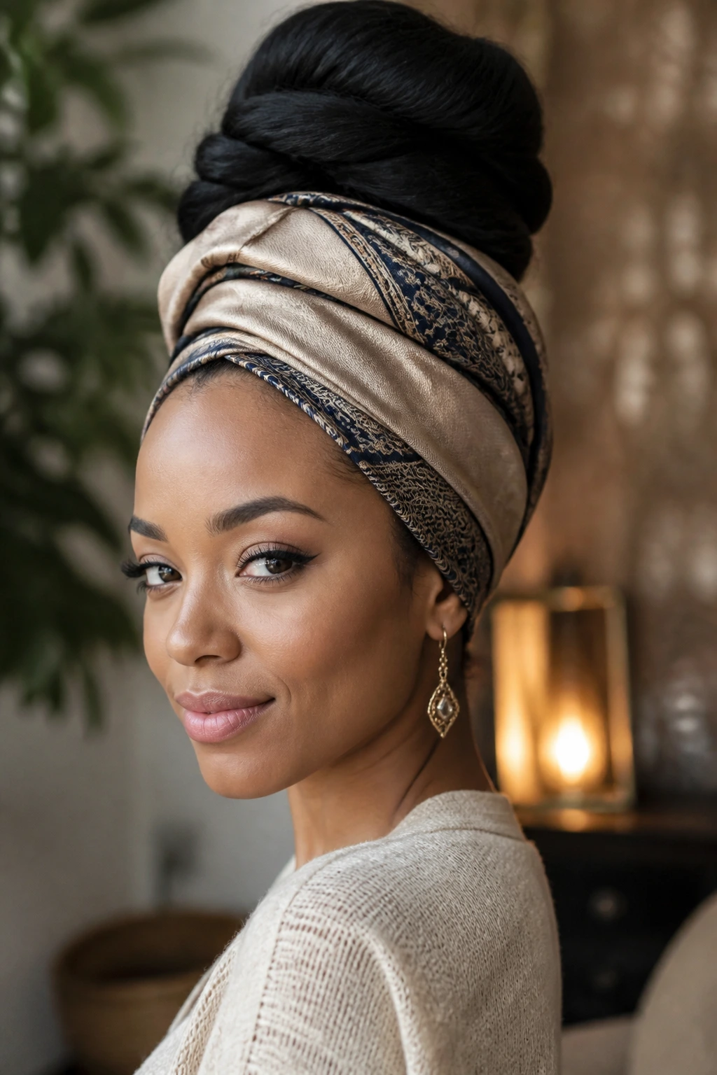 Woman wearing silk-wrapped beehive turban with high bun under wrap