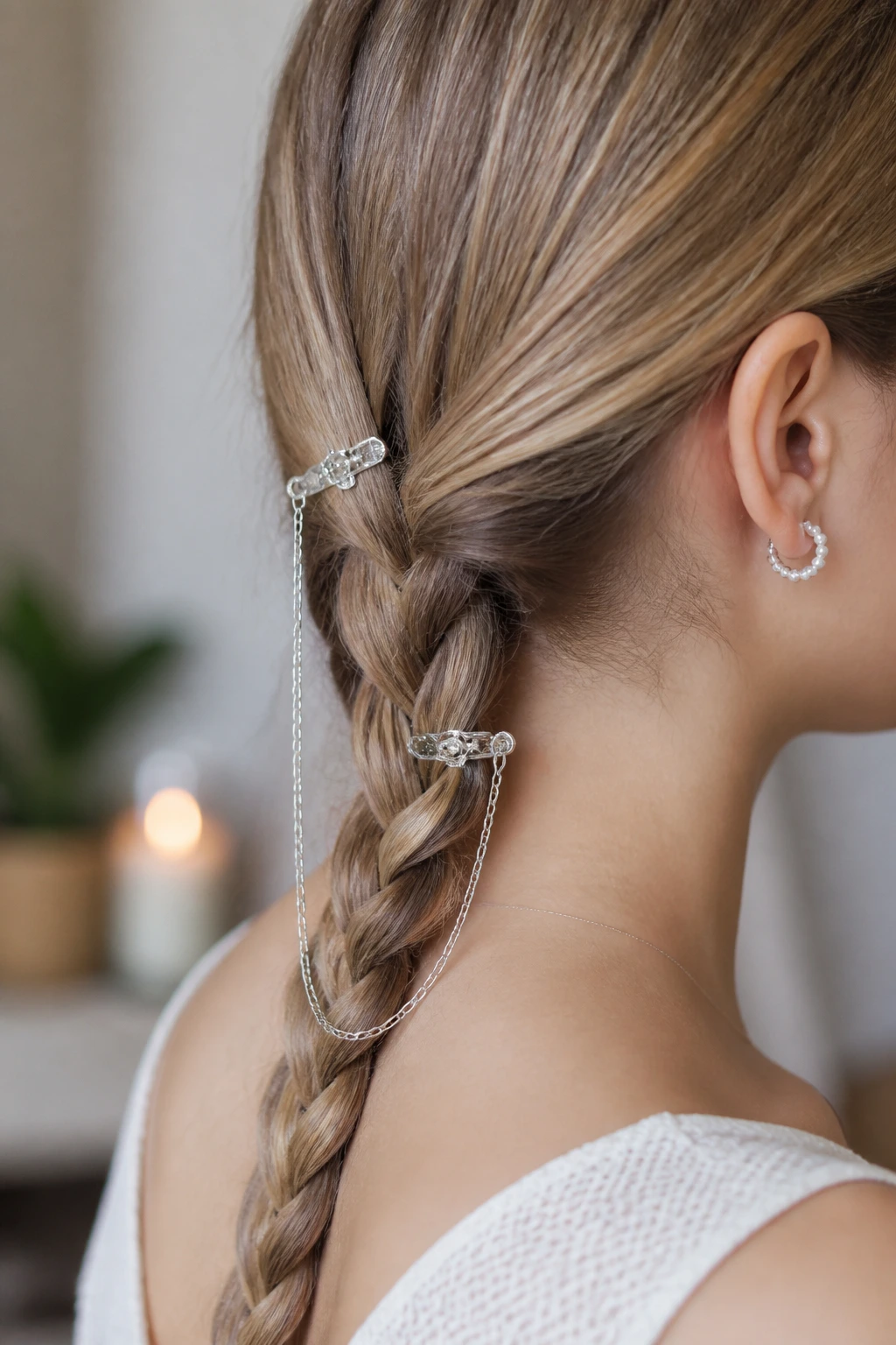 Two silver chain clips draped over a straight braid