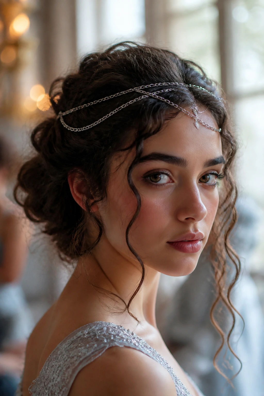 Delicate silver chains draped over curly hair headband
