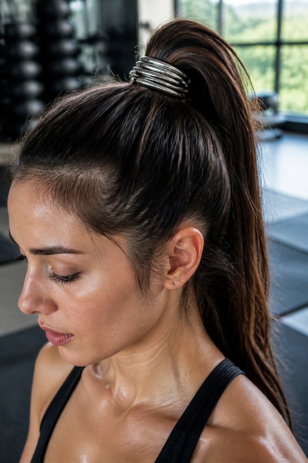 Real woman wearing silver-coated elastic coil hair ties on ponytail in gym