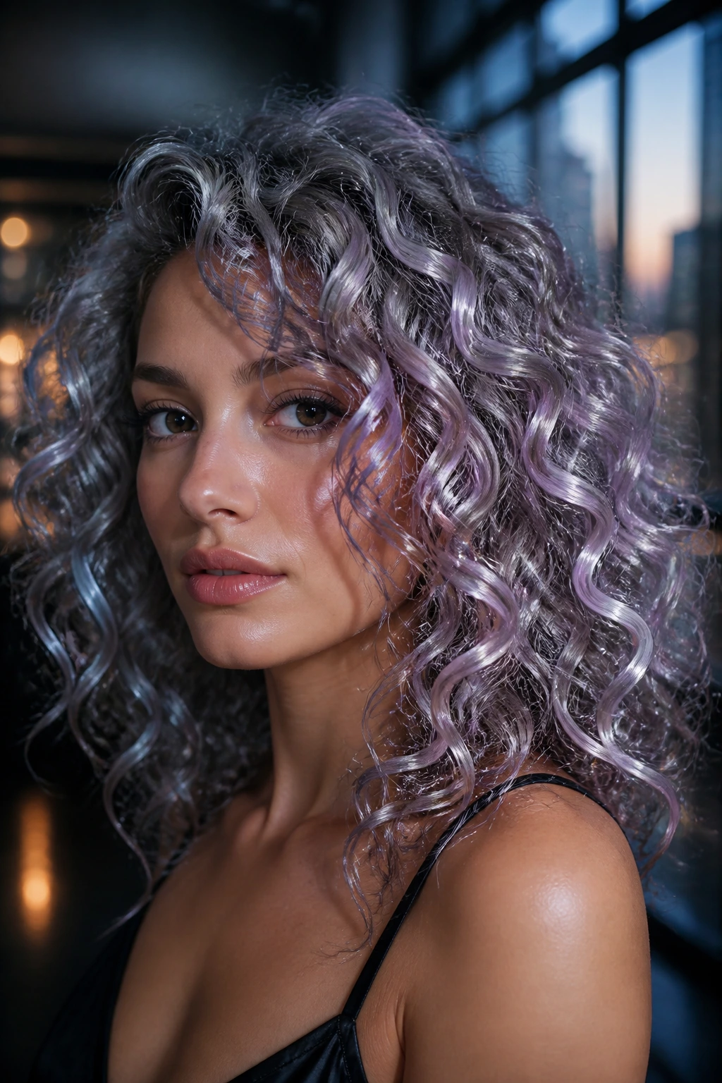 Close-up of a real person with silver-lilac ribbons in curly hair.