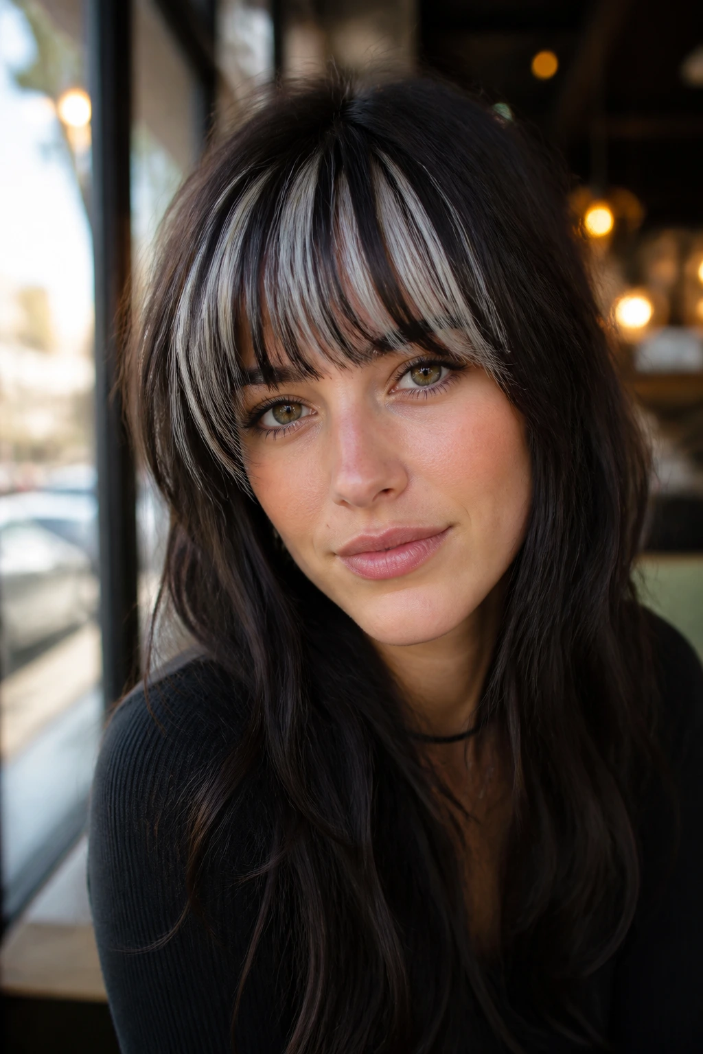 Close-up portrait of a woman with brunette hair and chunky silver bangs.