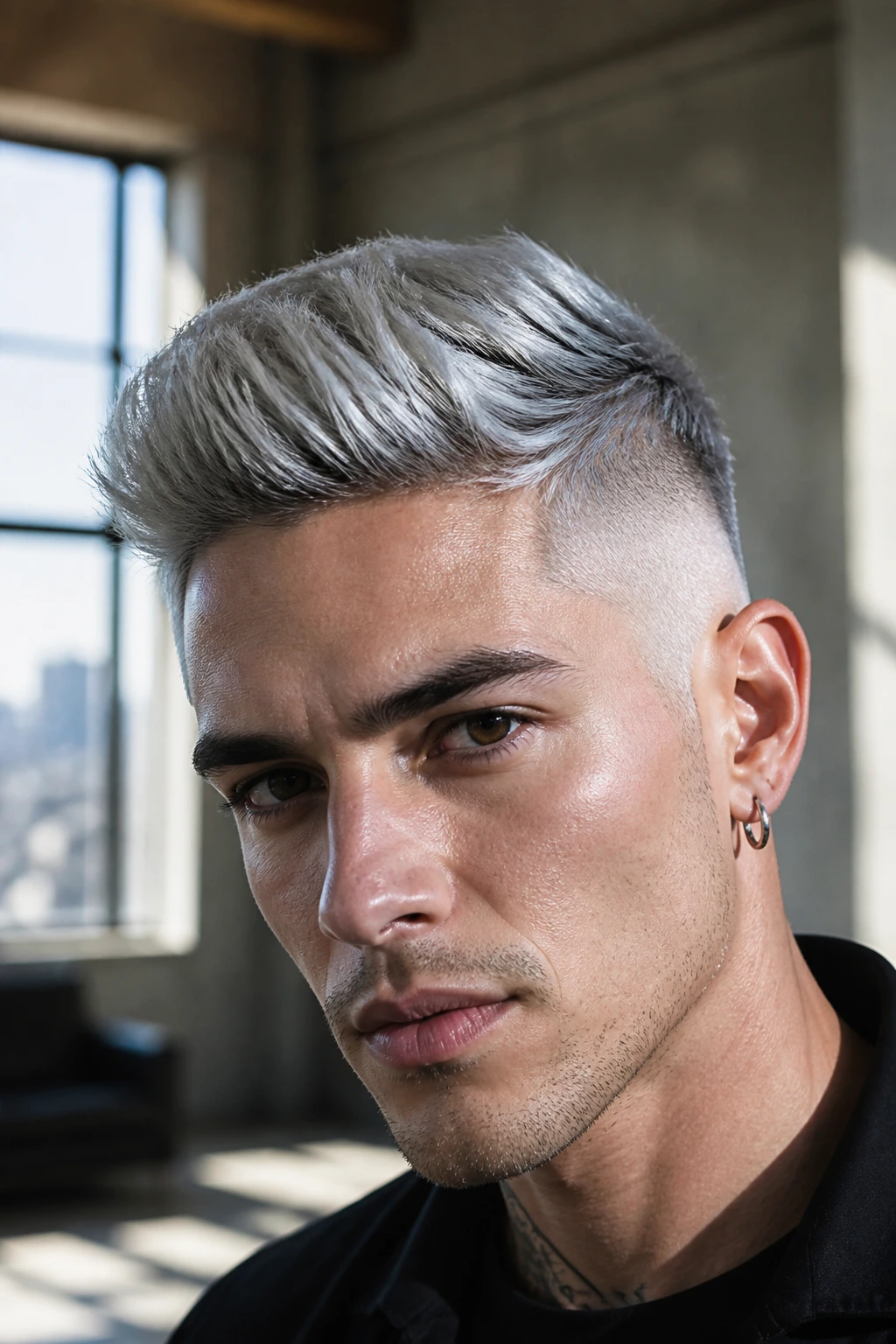 Close-up portrait of a real person with silver-toned hair and a sharp side fade in a modern loft
