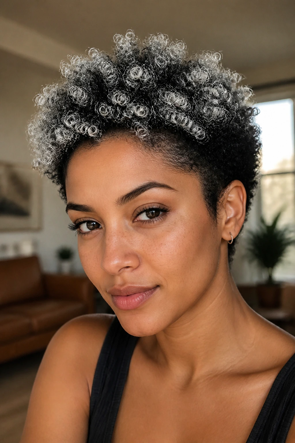 Close-up of real person with short Afro and silver-tipped ends