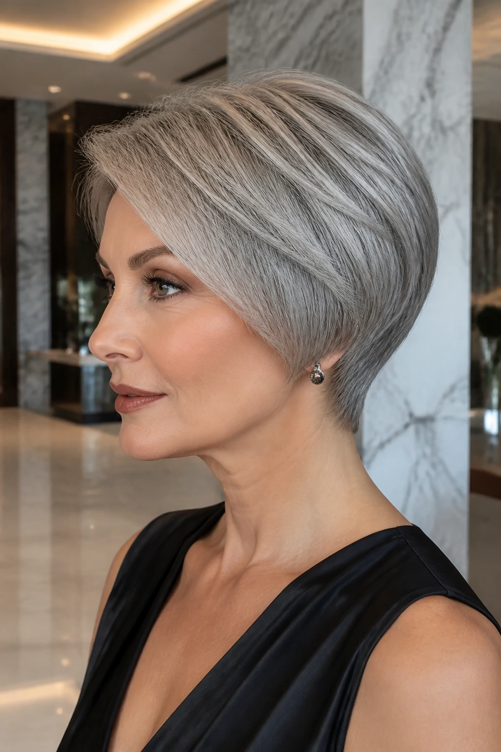 Real woman with sleek metallic-silver wedge hairstyle in hotel lobby