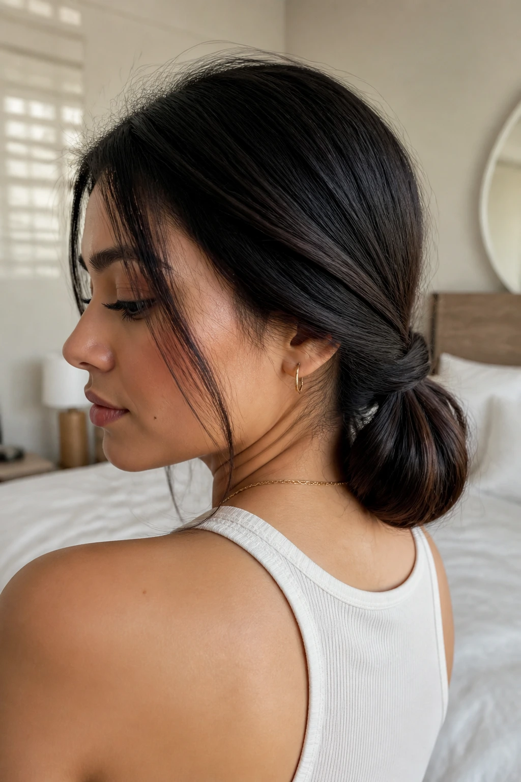 Close-up of a real woman showcasing The Simple Tuck hairstyle with hair tucked through an elastic