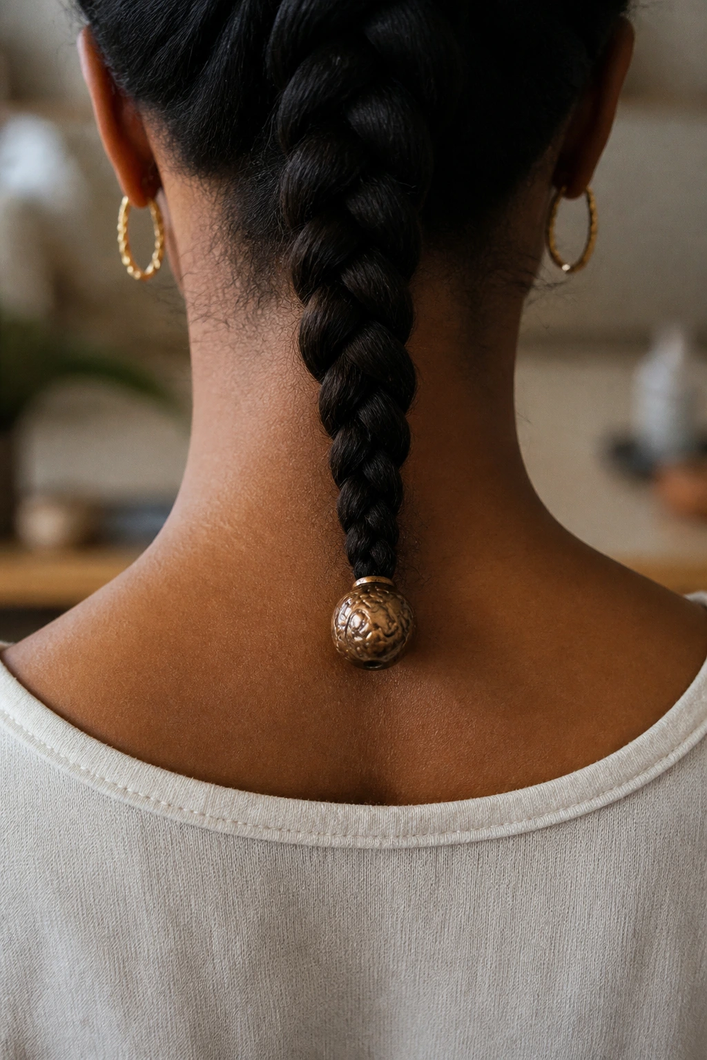 Back of head with a single large bead at the nape on a center-back braid