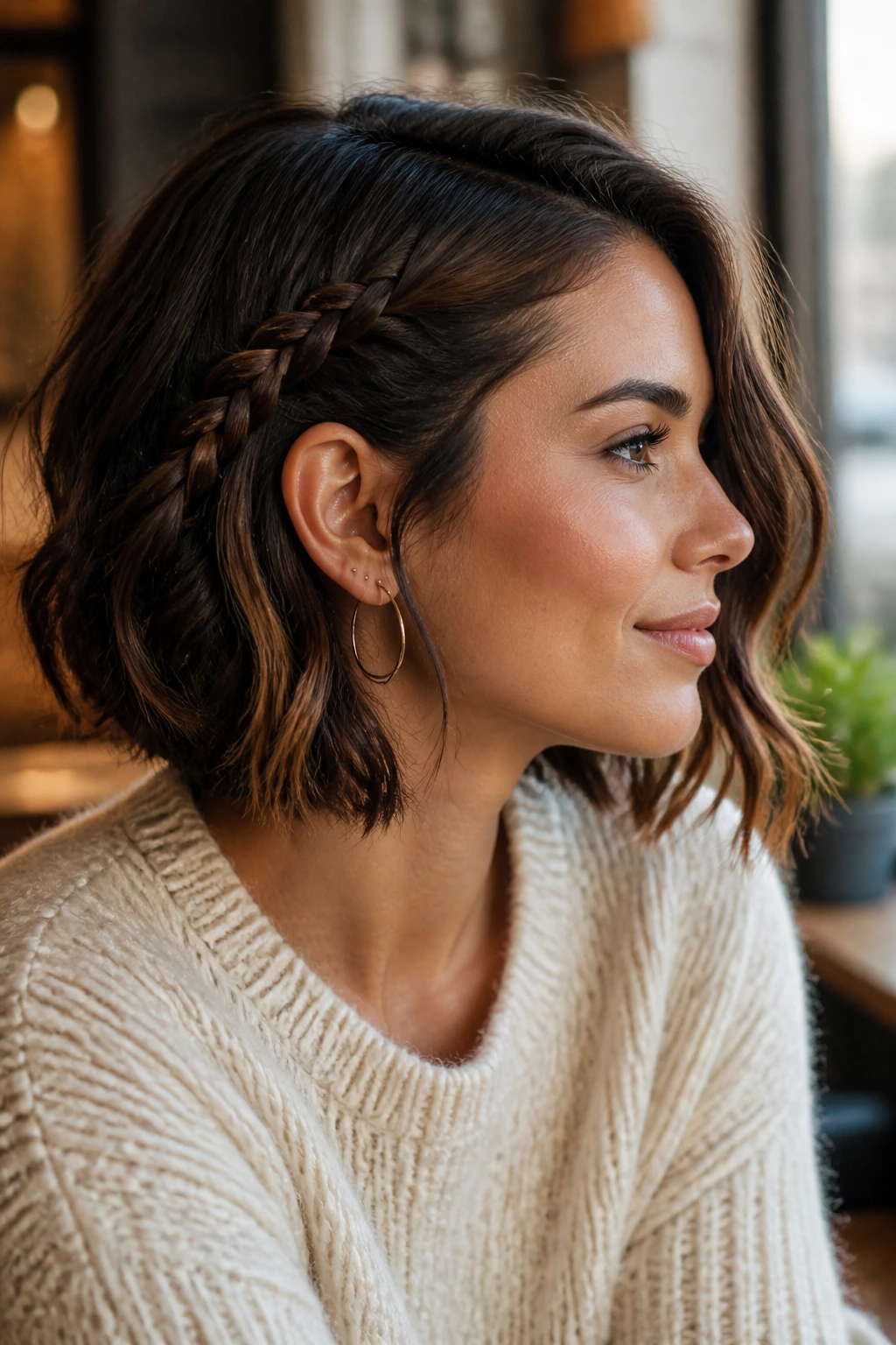 Real woman with a single loose braid behind the ear in a cozy cafe setting.