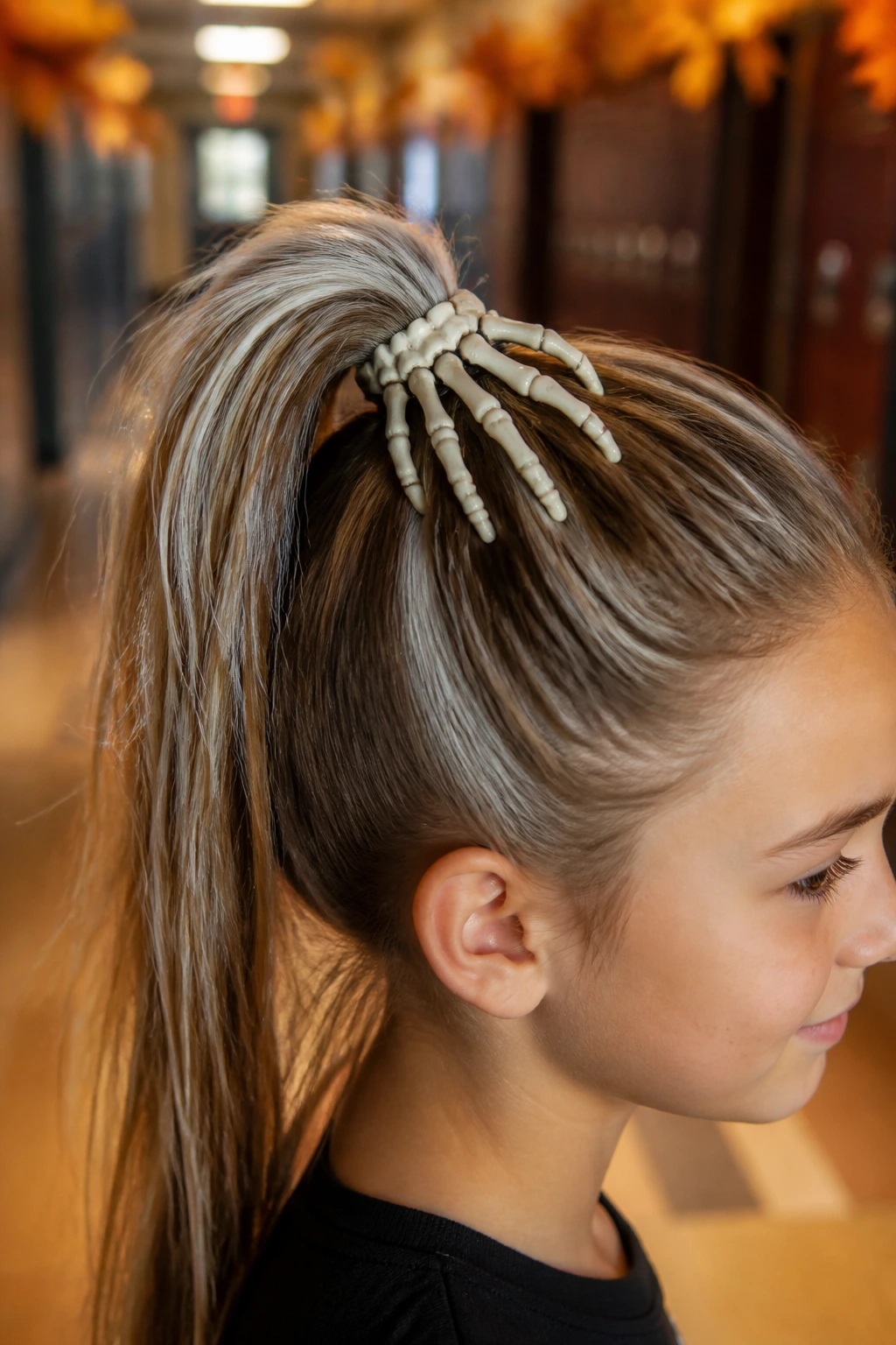 Close-up of real child with skeleton hand clip gripping a high ponytail