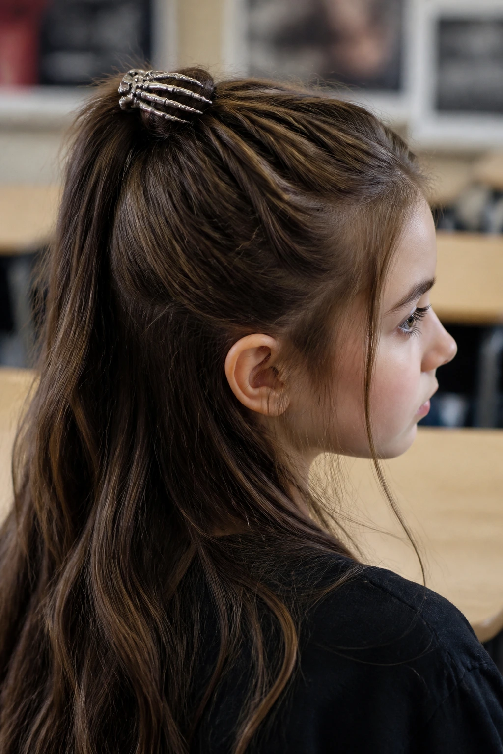 Close-up of child with a skeleton-hand claw clip on a half-up ponytail.