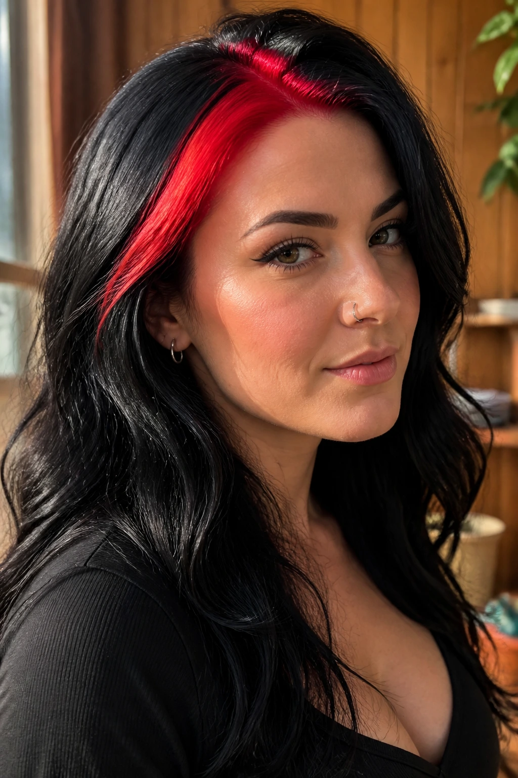 Close-up of a real woman with chunky red skunk stripe on thick black hair
