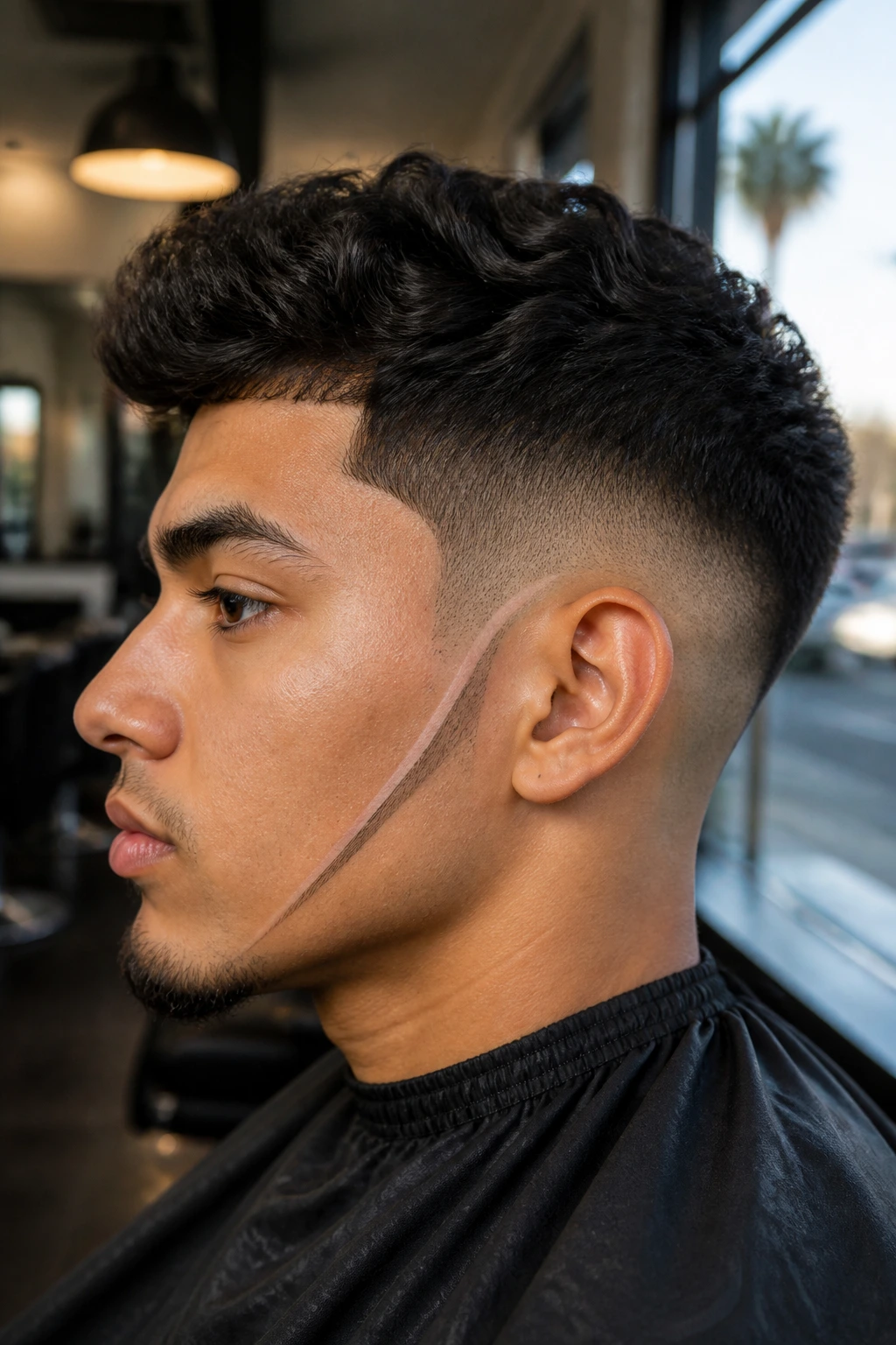Side portrait showing a bold slash fade along the temple to the jawline