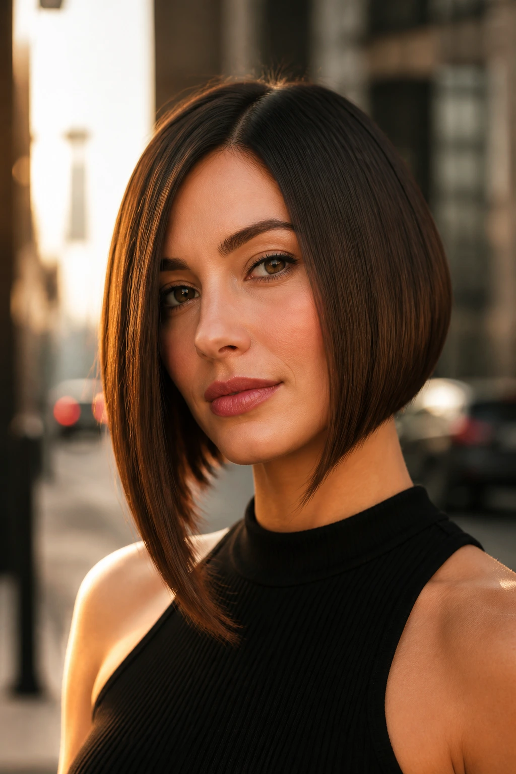 Close-up portrait of a person with a sleek A-line bob.