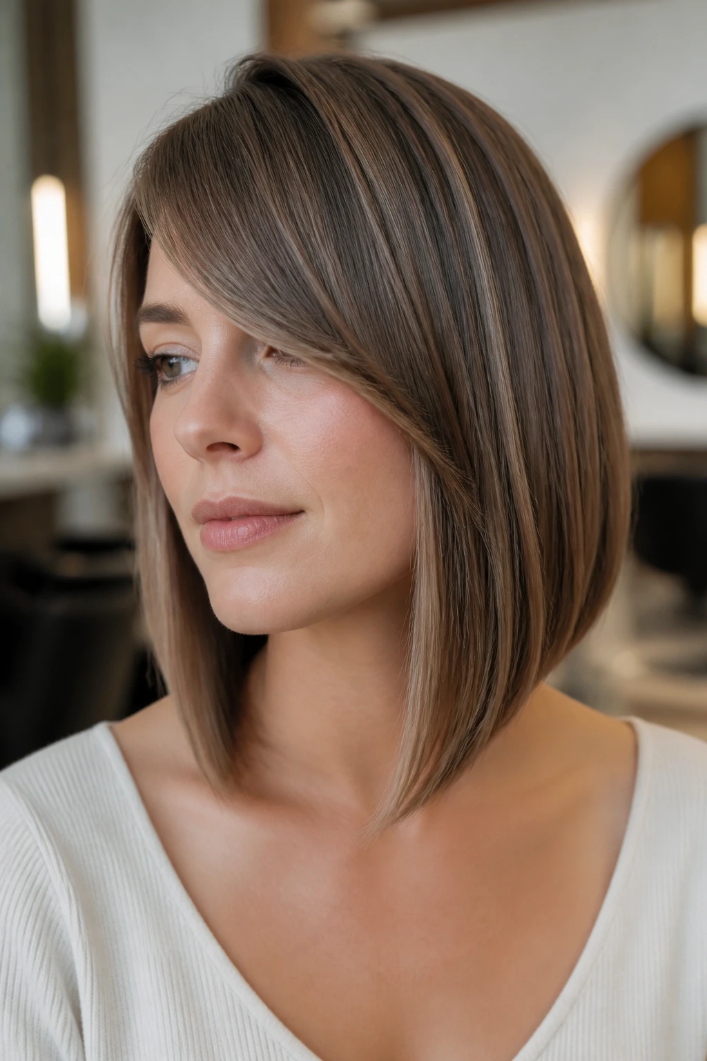 Portrait of a woman with a sleek angled bob and side-swept bangs in a modern salon
