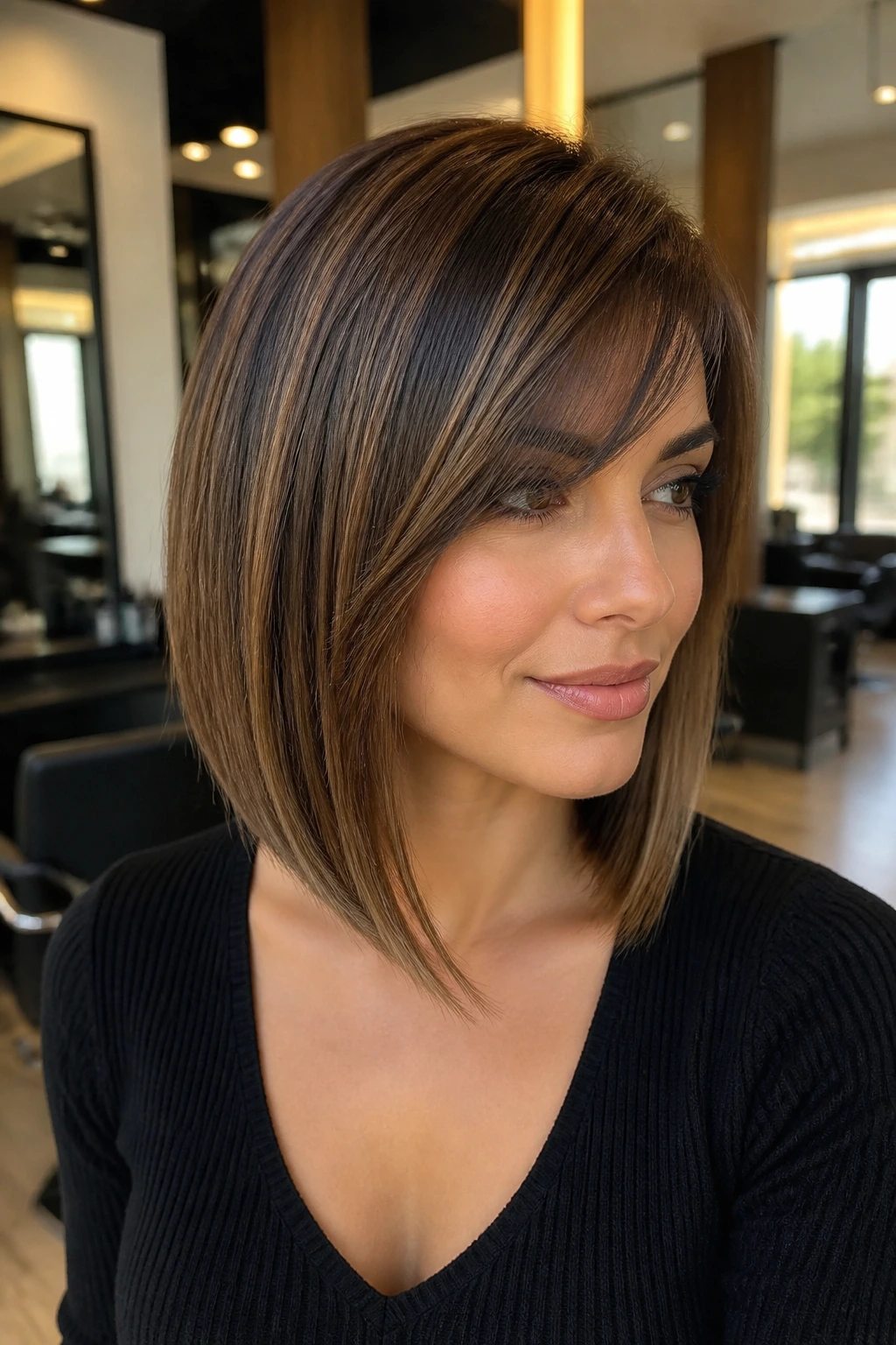 Close-up of real woman with sleek A-line lob and side-swept bangs