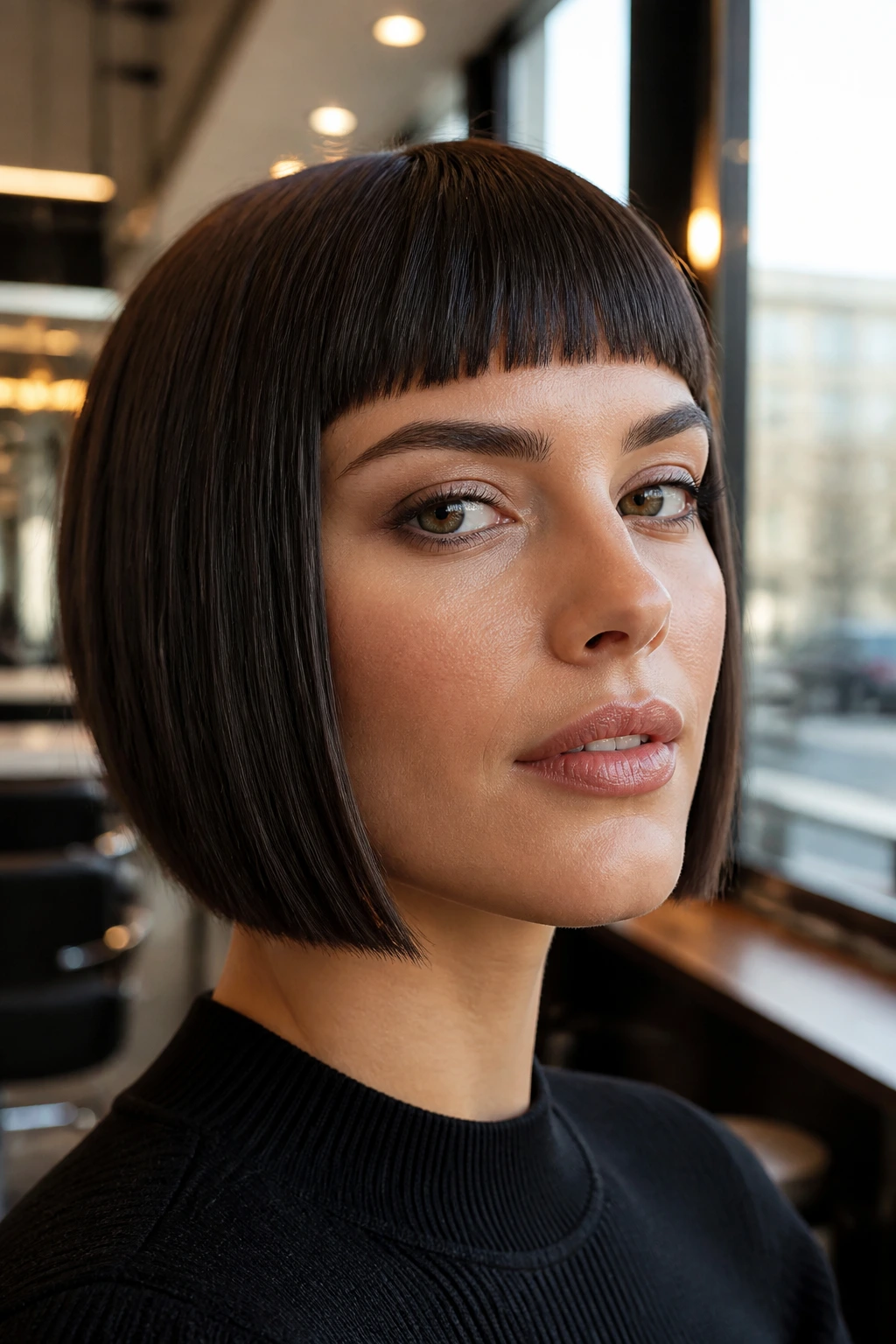 Close-up of a real person with a sleek A-line bob and micro fringe in natural light.