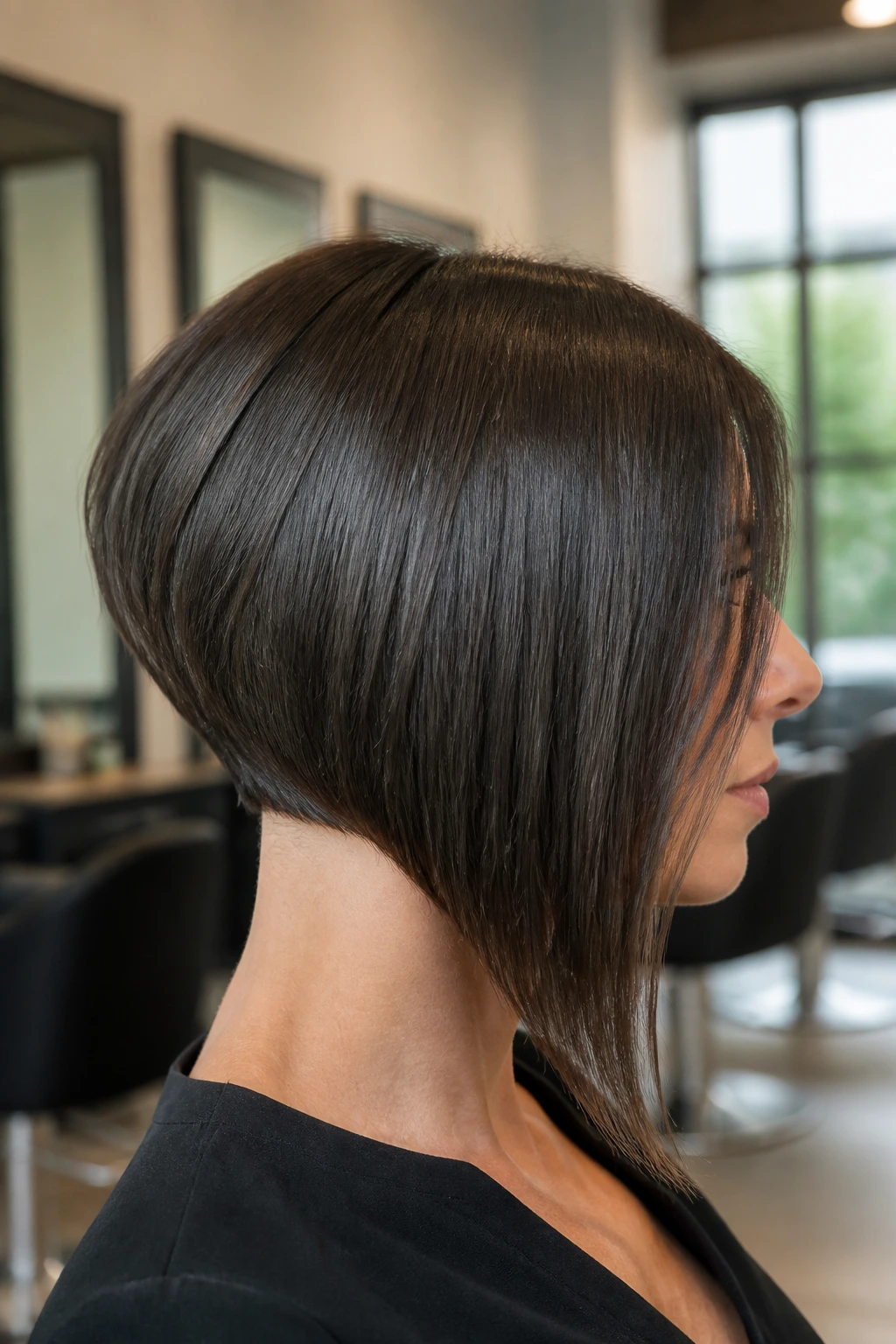 Portrait of a real woman with a sleek A-line stack showing a sharp back and long front pieces.
