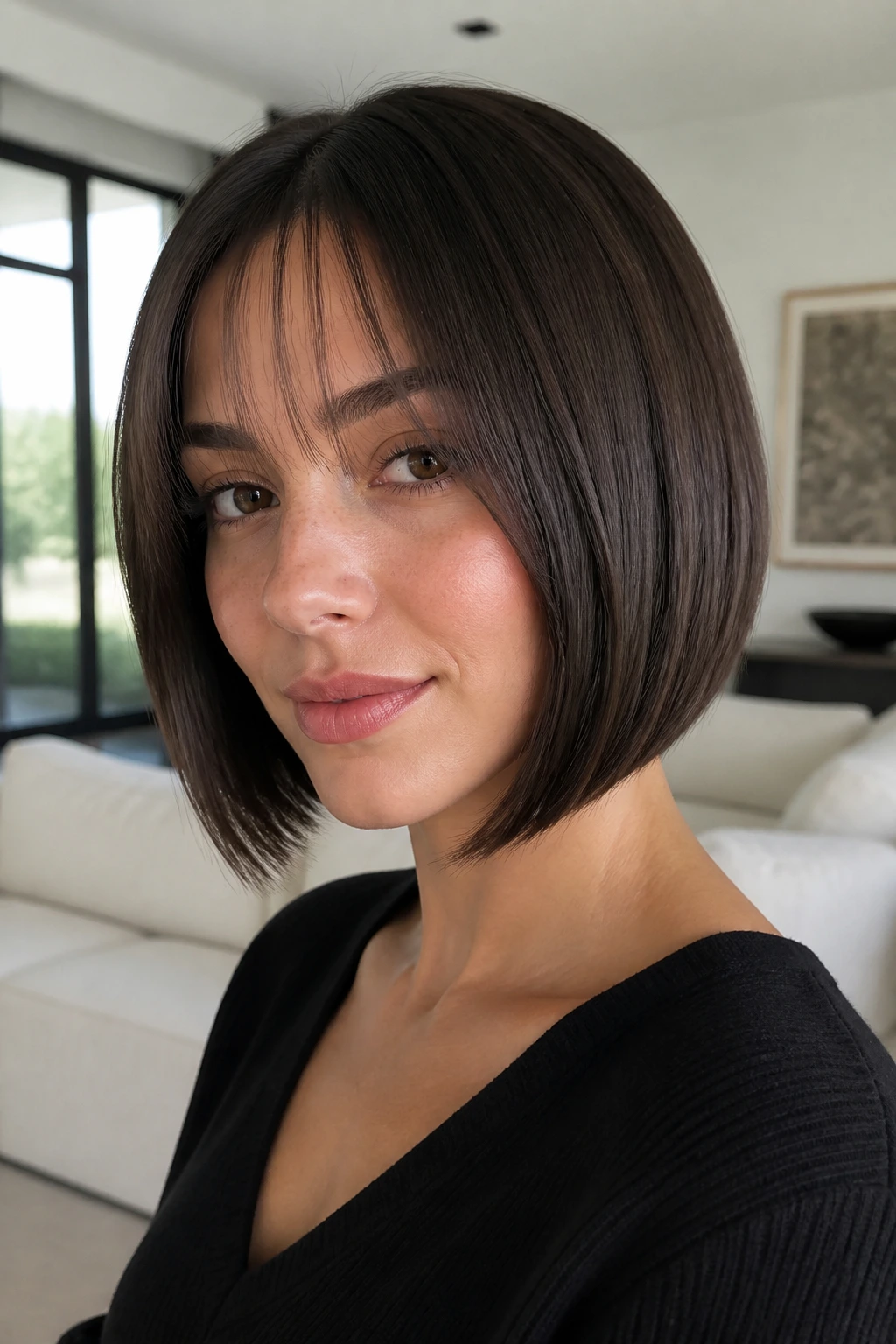 Close-up portrait of a woman with a sleek angled bob and wispy curtain bangs.