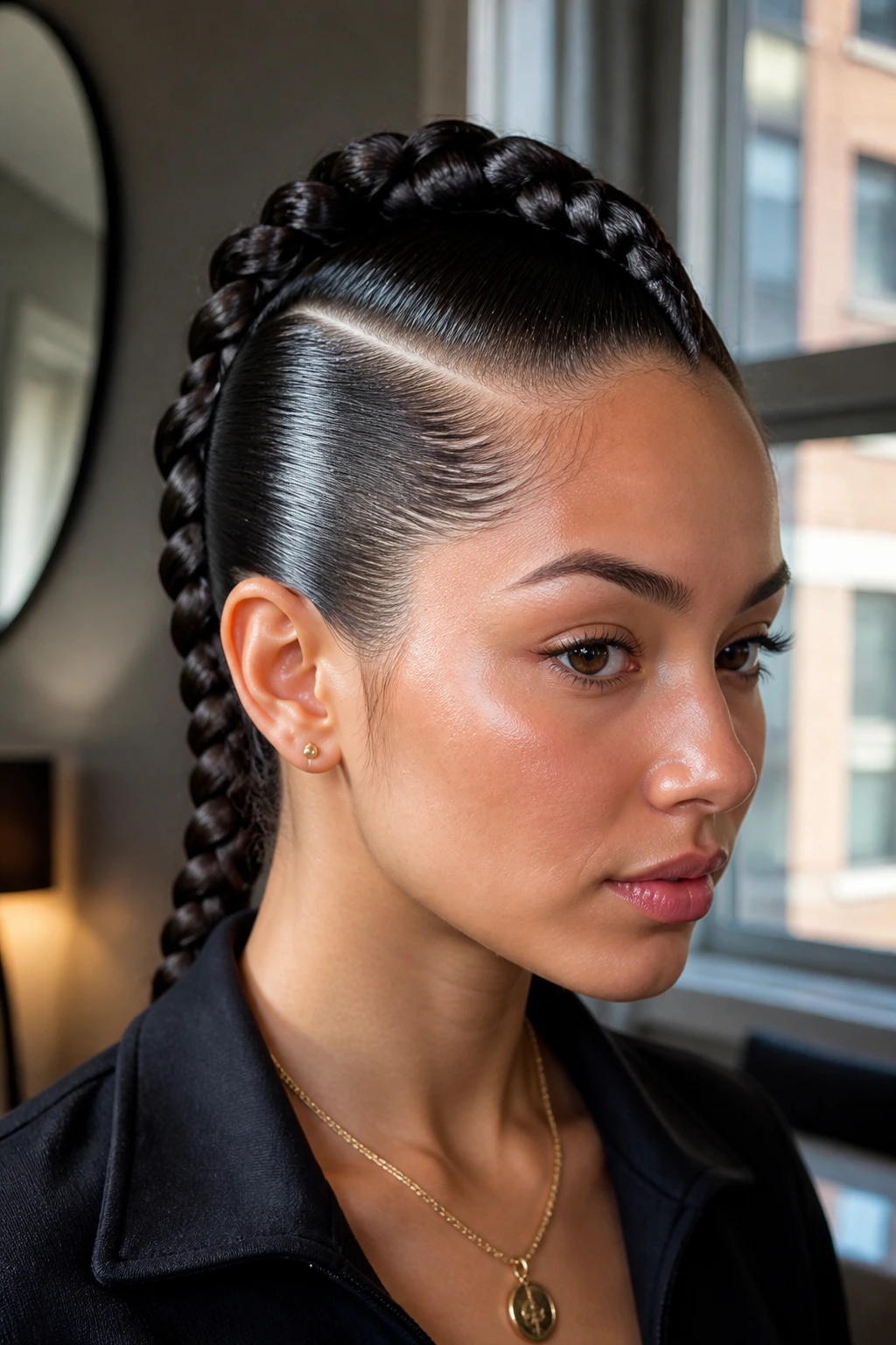 Portrait of real person with sleek, glossy mohawk braid
