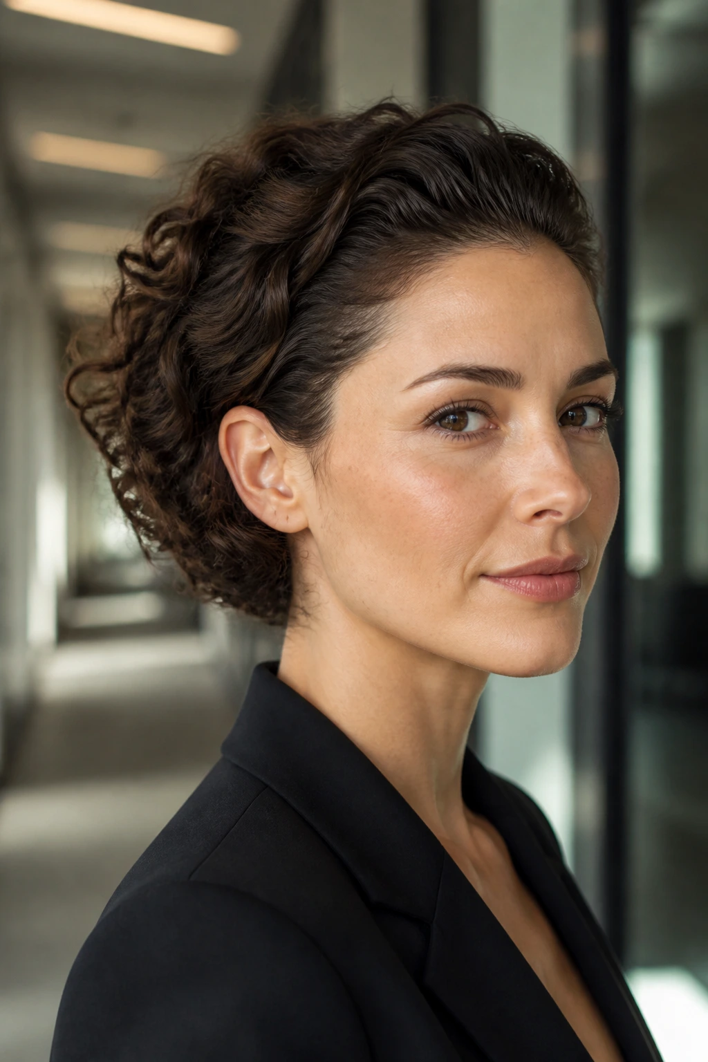 Portrait of a real person with a sleek-back stacked bob, front slicked behind ears.