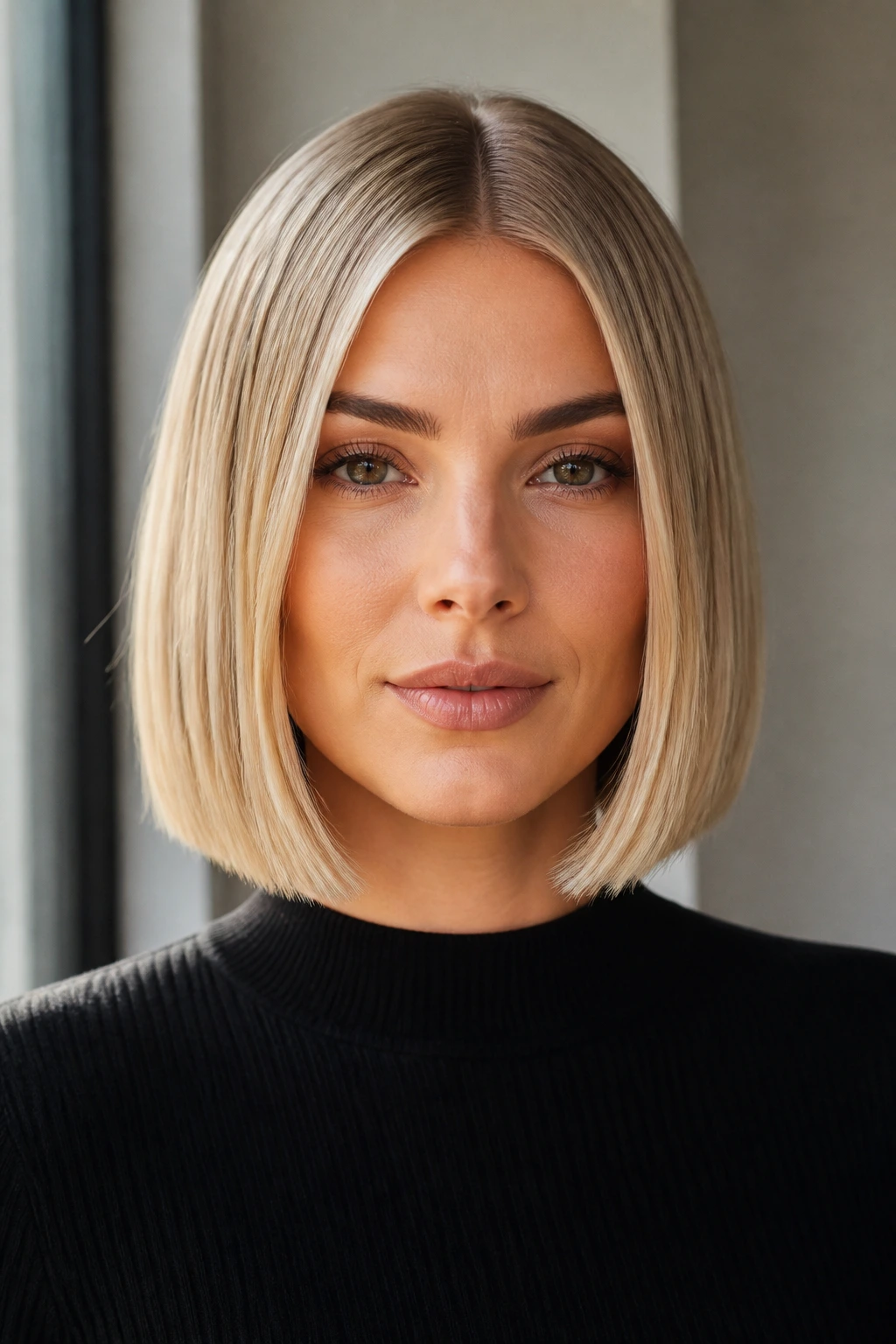 Close-up of a real woman with a sleek center-parted beige blonde bob