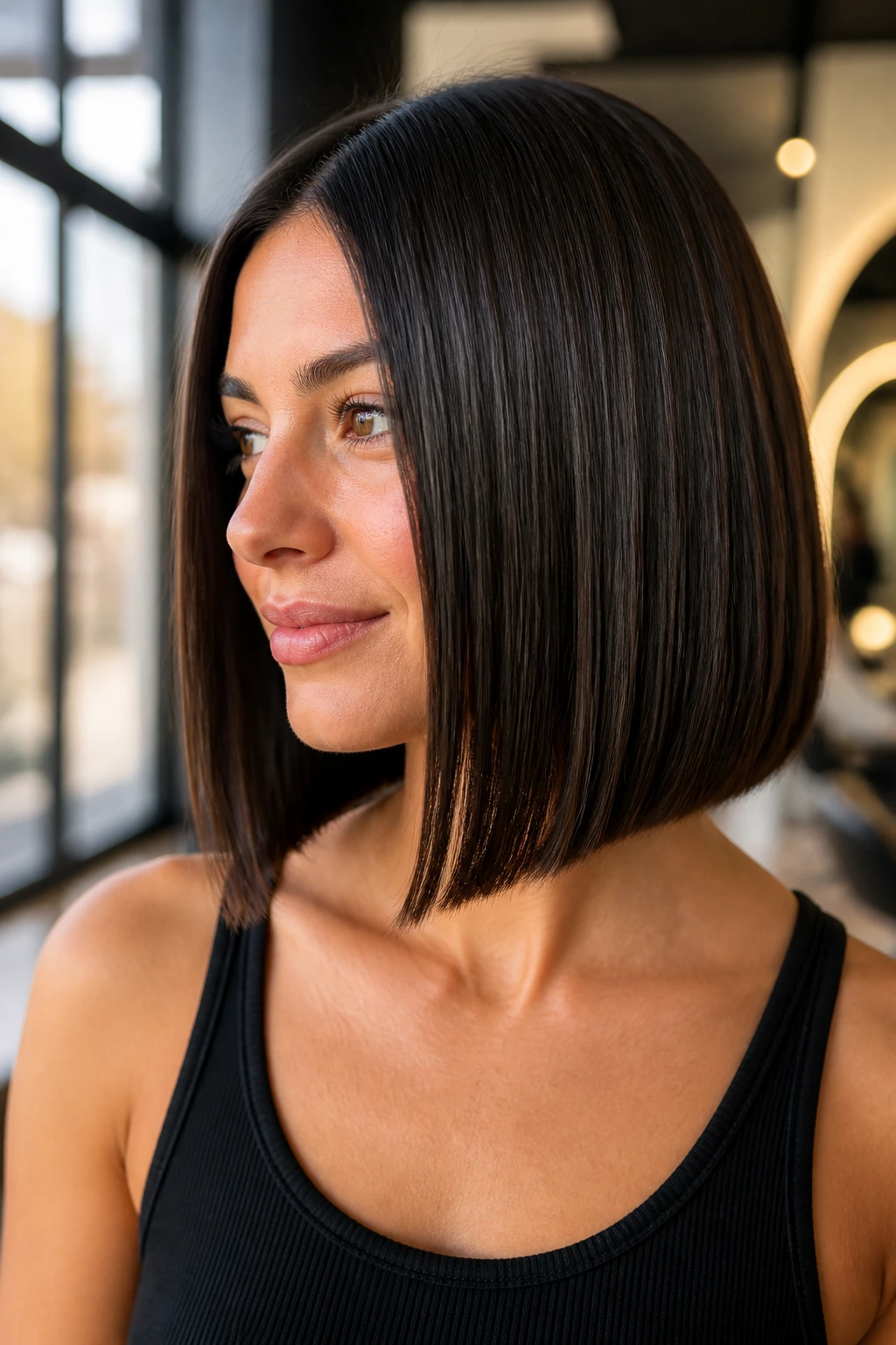 Portrait of a real woman with a sleek blunt one-length lob in a bright modern room