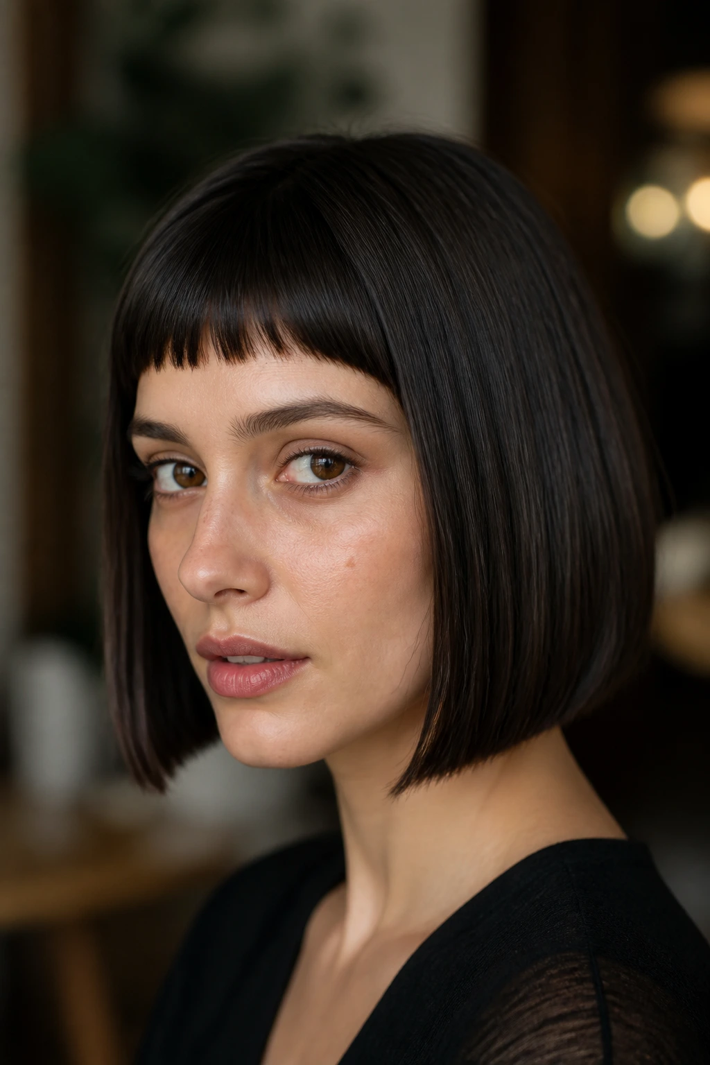 Close-up of a real person with sleek one-length bob and baby bangs