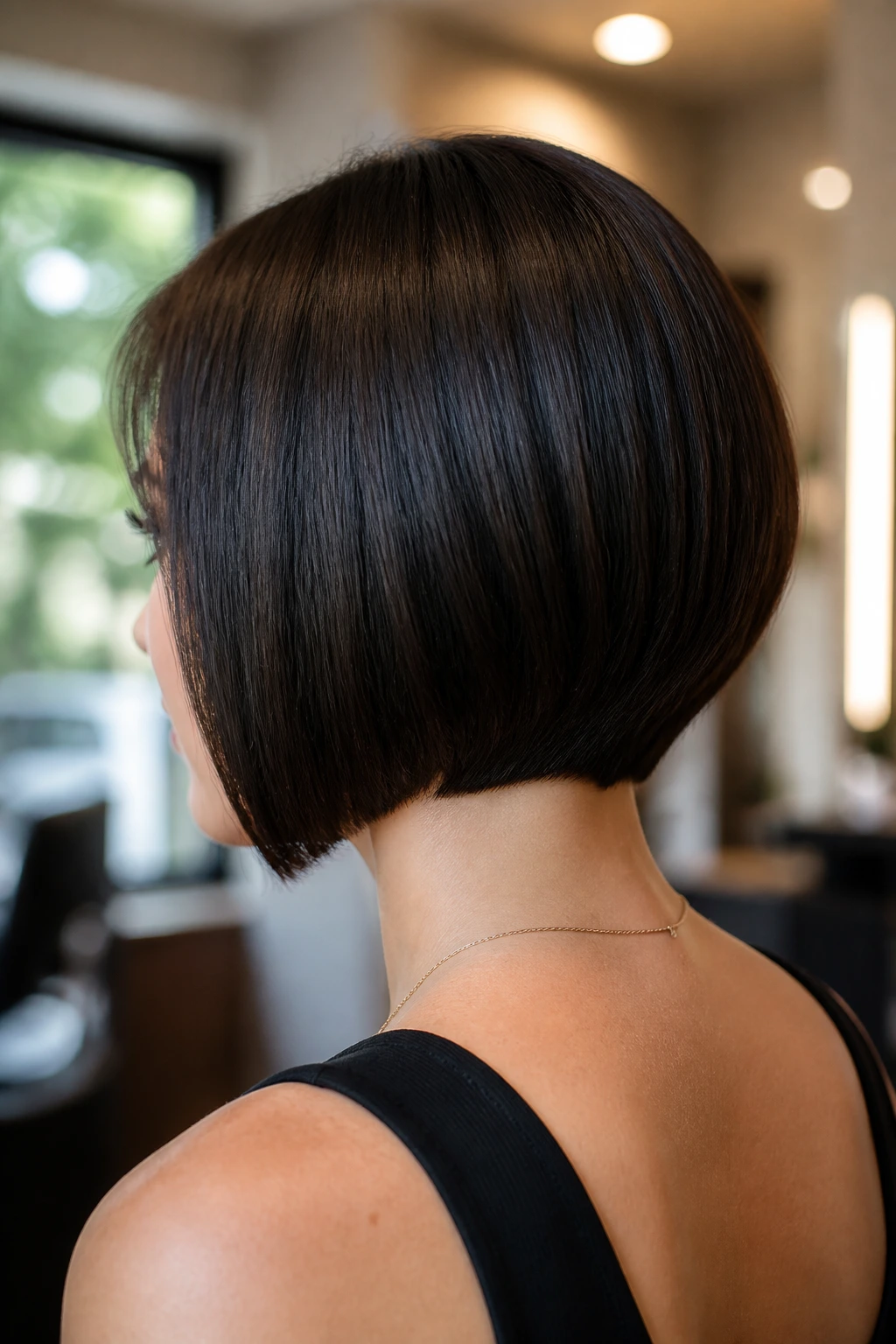 Close-up back-of-head view of a real woman with a sleek inverted bob emphasizing the nape-to-jawline line