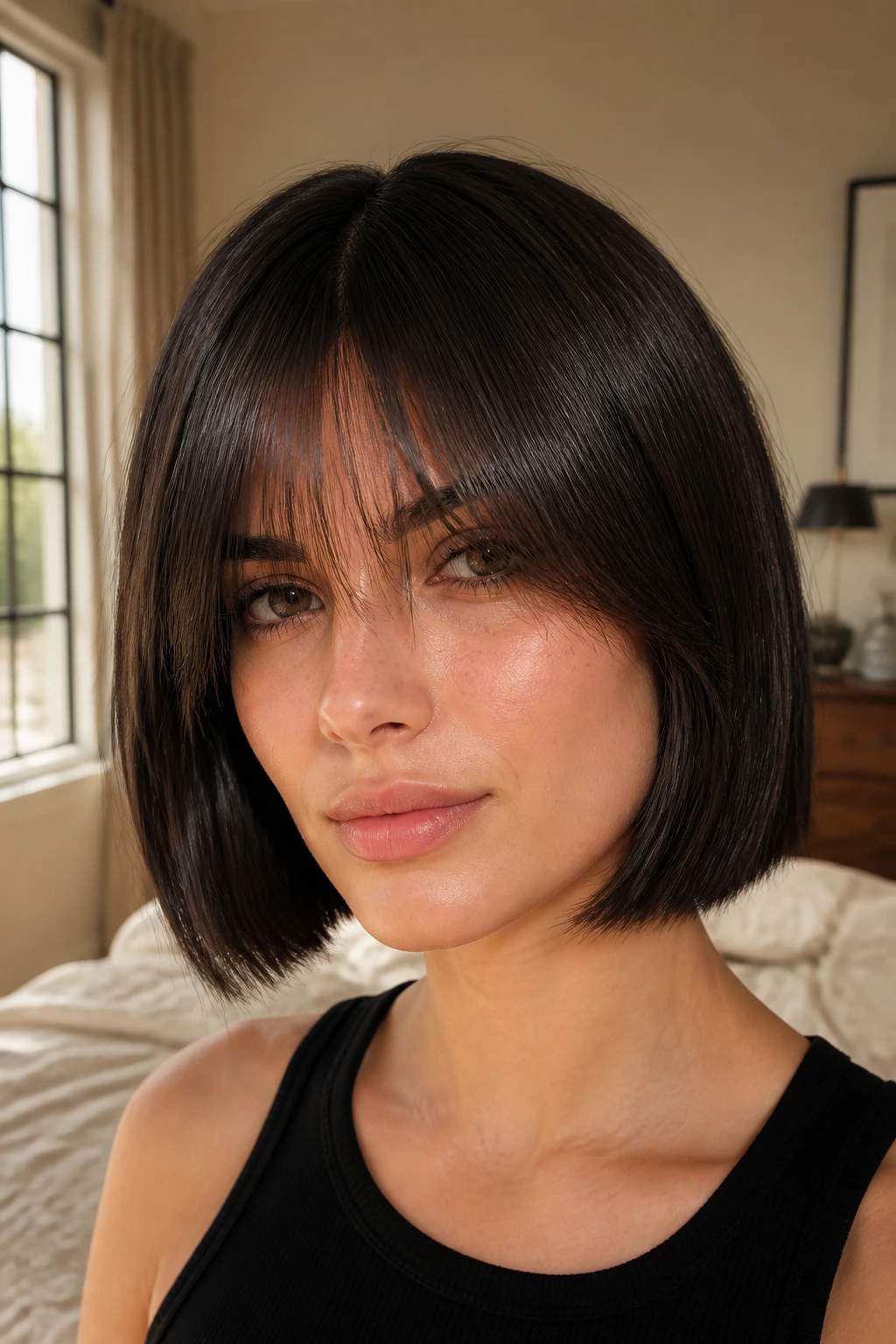 Close-up of a real woman with sleek center-part bob and long fringe under natural window light