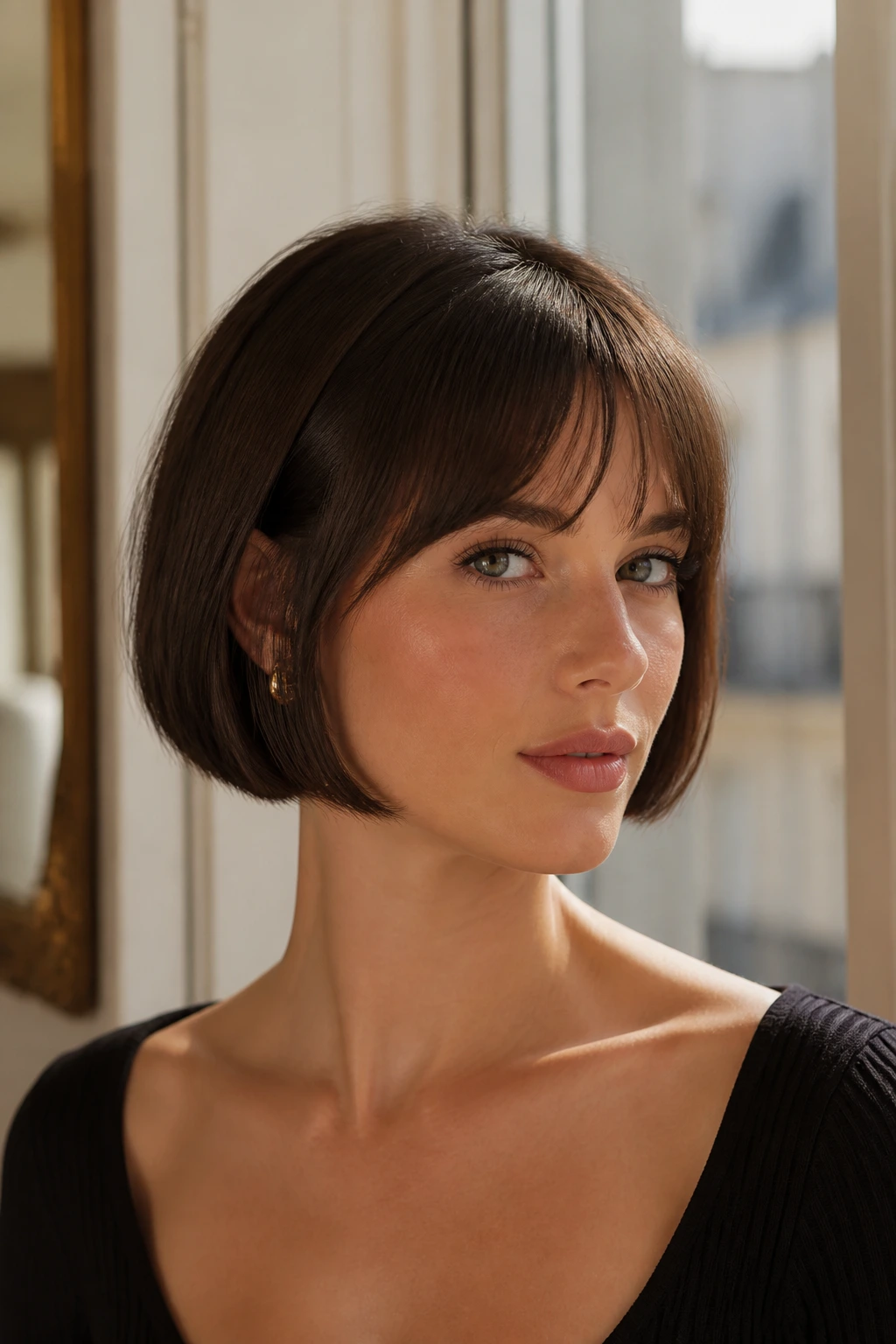 Close-up portrait of a real woman with a sleek French bob and micro-curtain bangs in warm window light