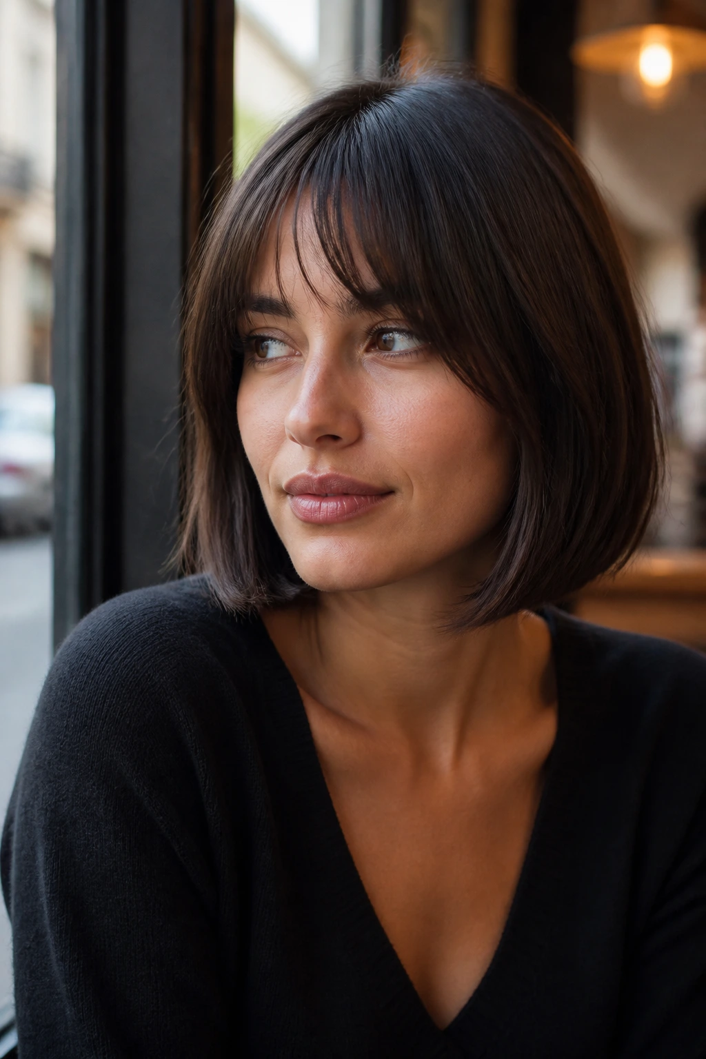 Close-up portrait of a real woman with a sleek jaw-length bob and curtain bangs