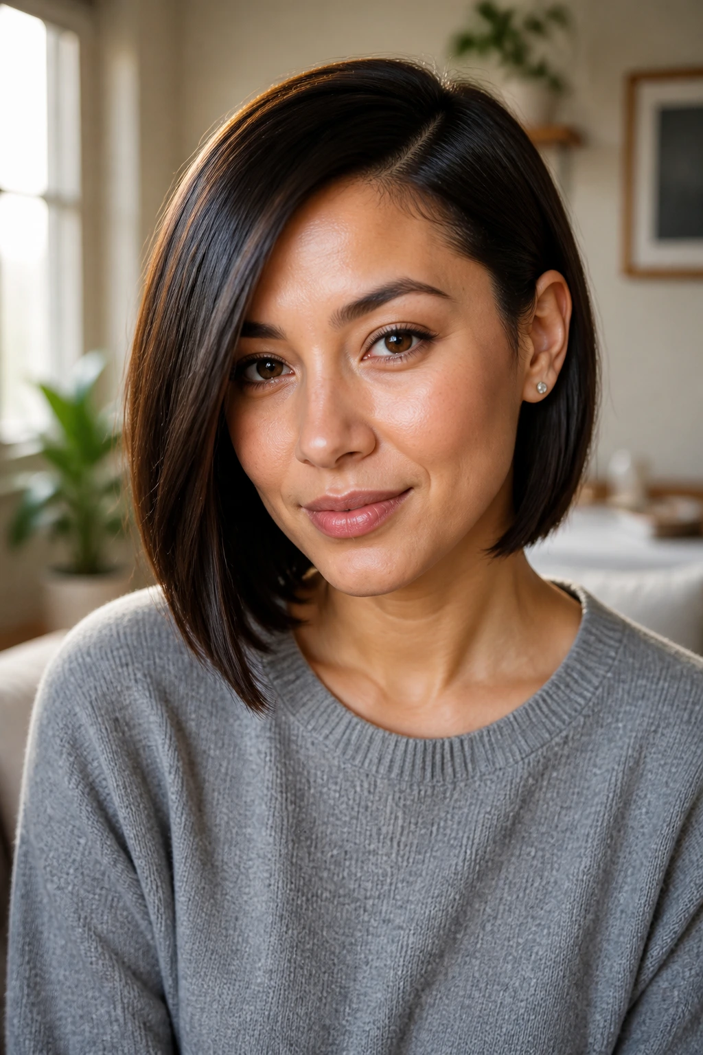 Close-up portrait of a real woman with a deep side-parted sleek bob, collarbone-length on the long side
