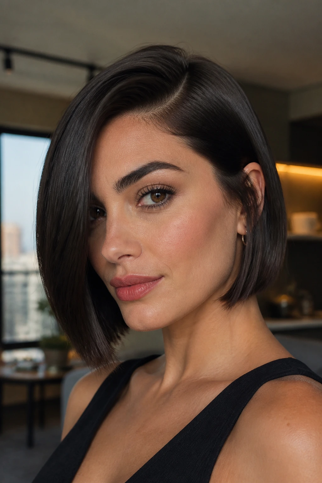 Close-up of a woman with a deep side-parted sleek bob in a modern interior