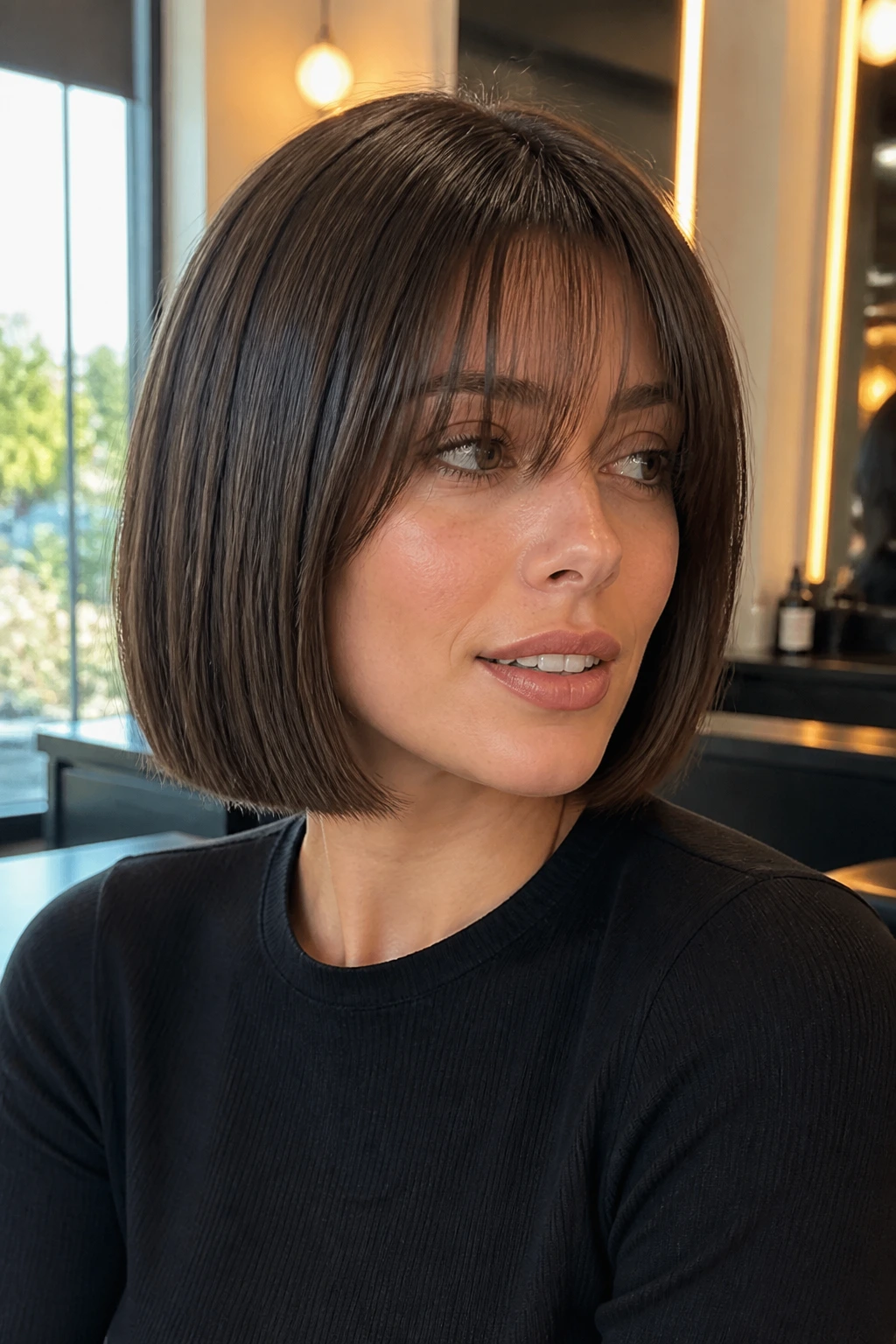 Close-up of a real woman with a sleek one-length bob and feathered bangs in espresso color