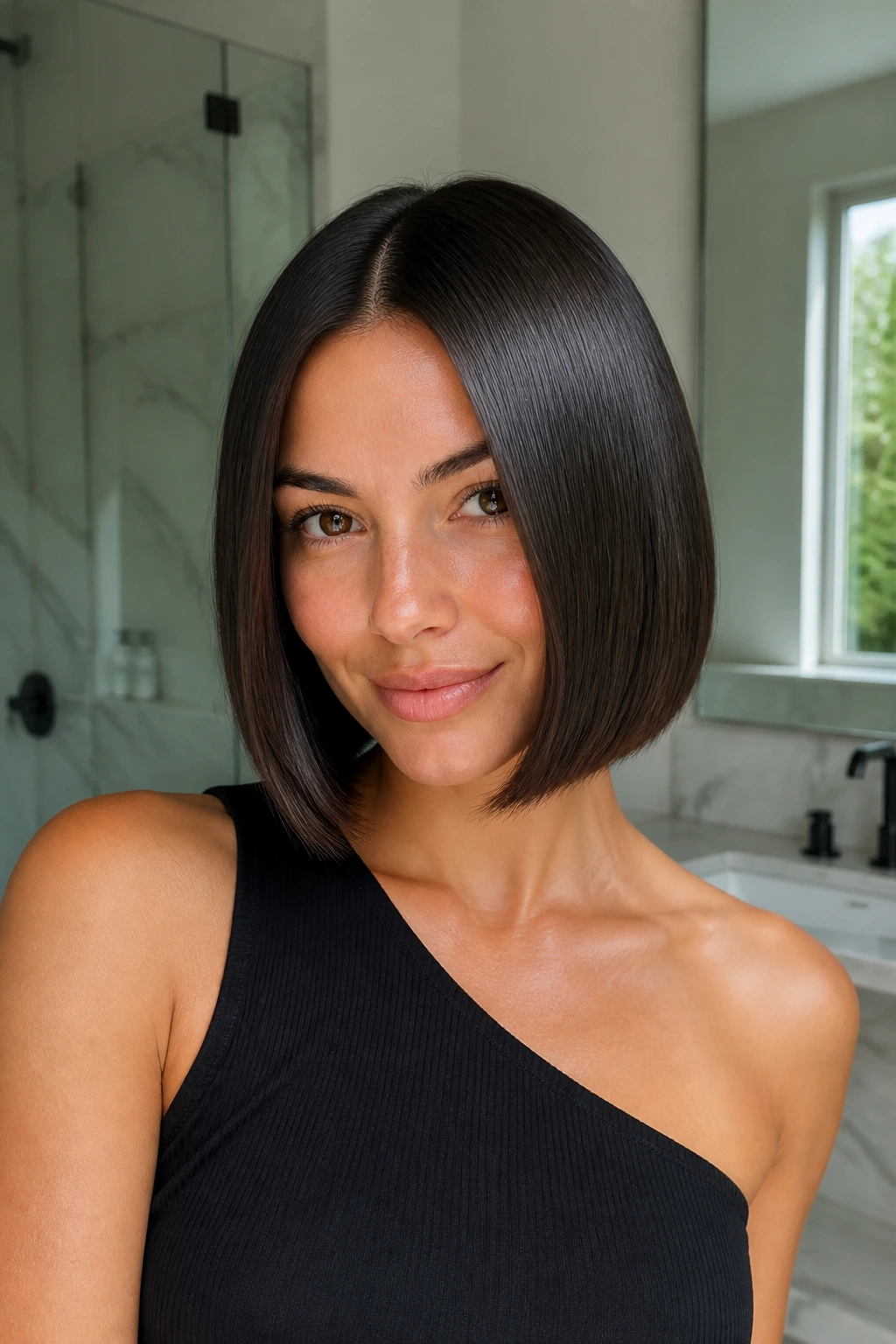 Close-up of a real person with an ultra-straight, glossy bob in a modern bathroom setting