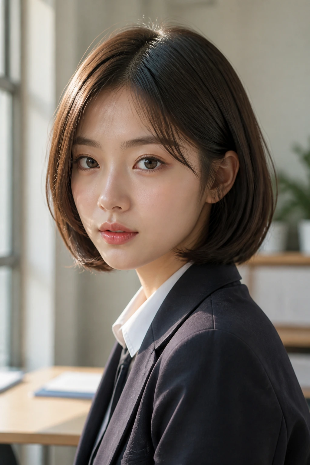 Medium close-up of a real woman with a sleek bob and inward curled ends in a study setting