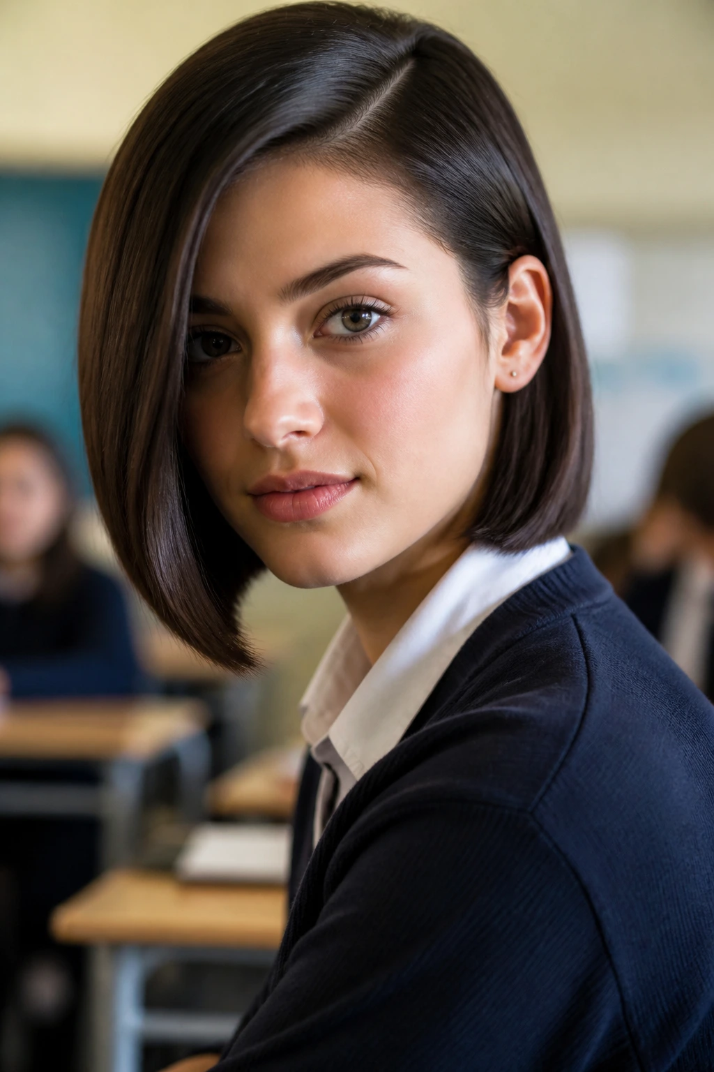 Portrait of a person with a deep side part and sleek bob in a classroom