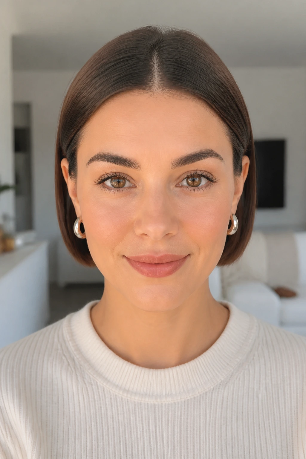 Portrait of a woman with sleek mid-part bob tucked behind ears