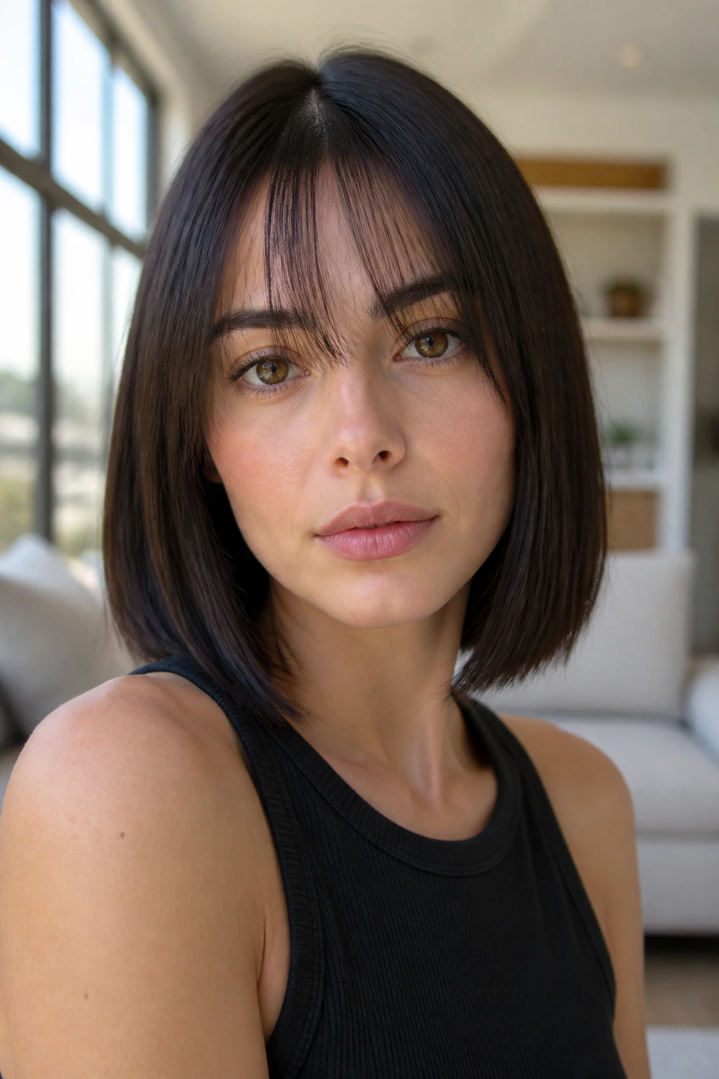 Portrait of a woman with sleek bob and wispy transparent bangs in a bright living room