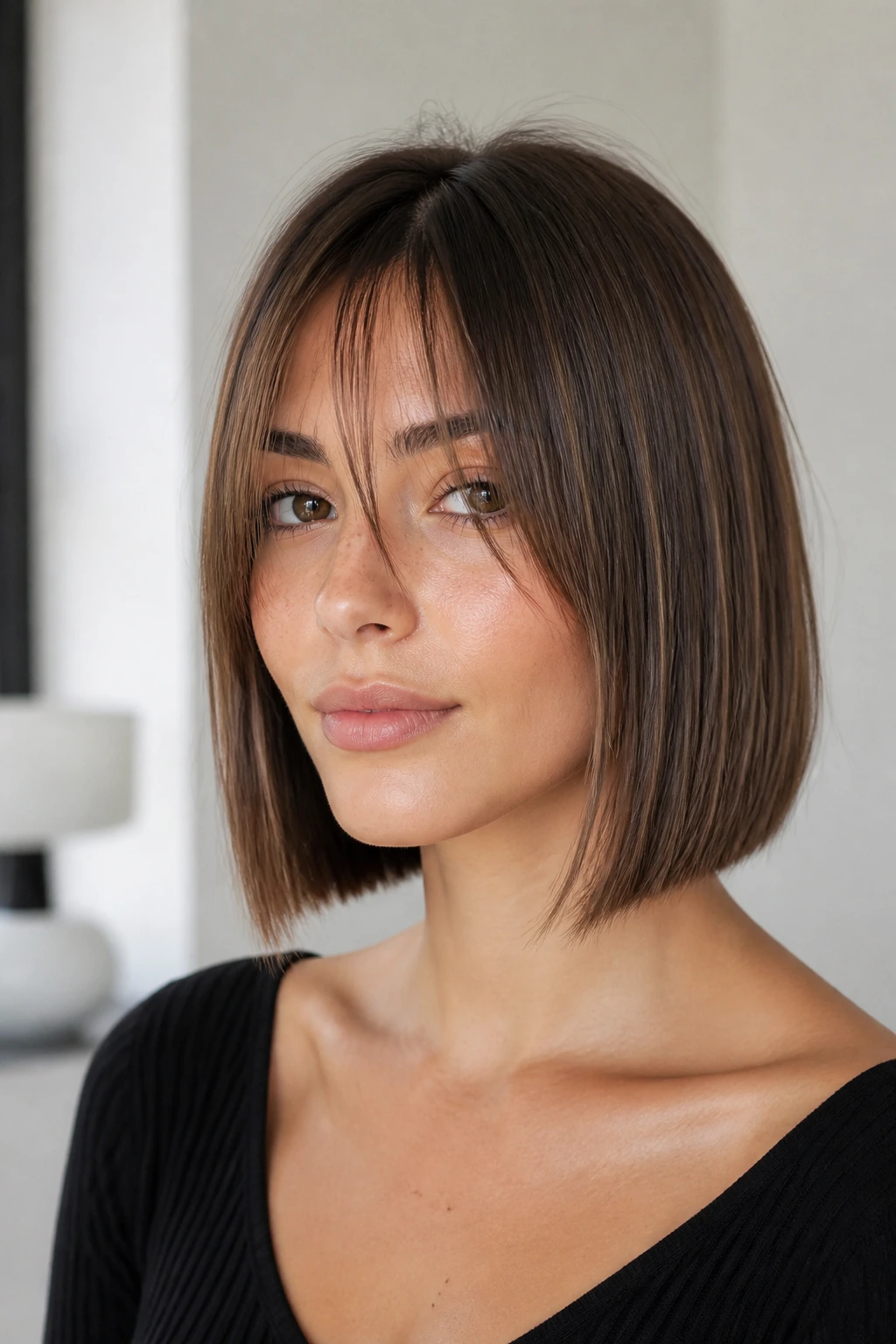 Real person with a sleek bob and wispy long bangs in a bright interior