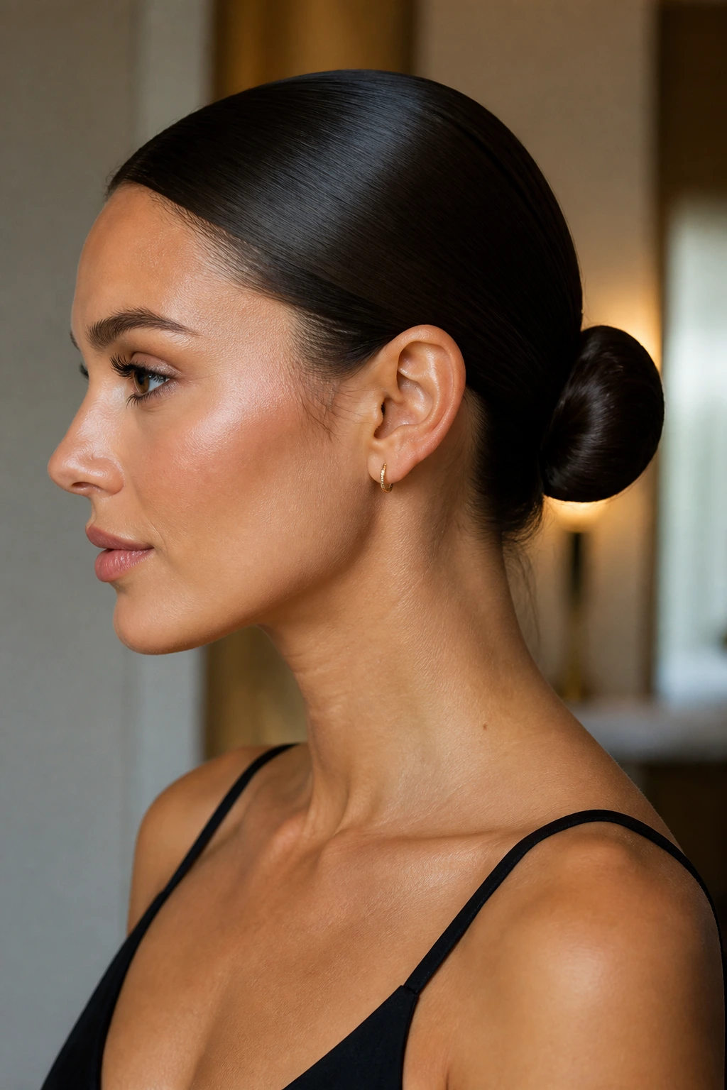 Profile view of a real woman with a sleek low bun