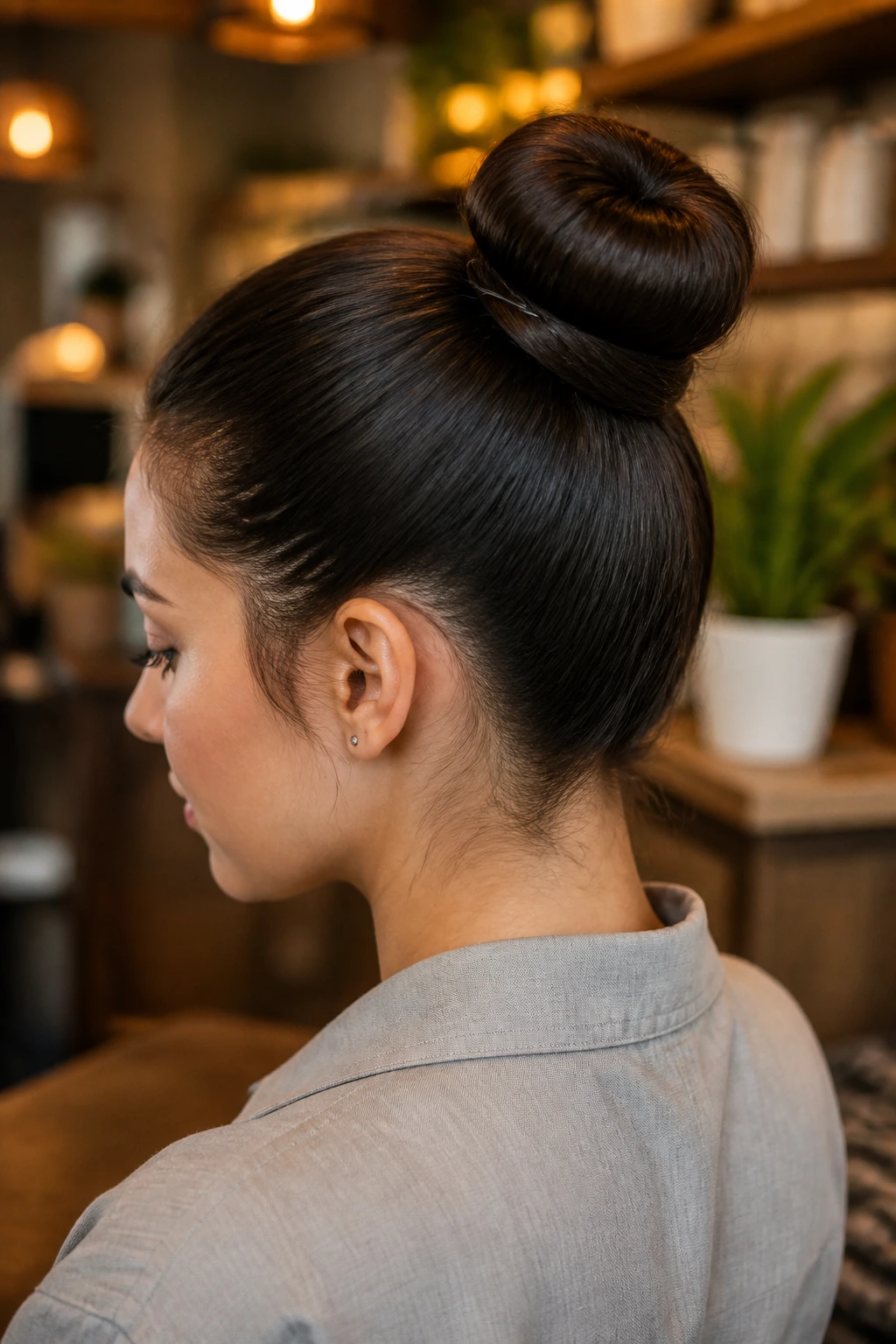 Three-quarter profile of a real person with a sleek high bun and visible pins at the base